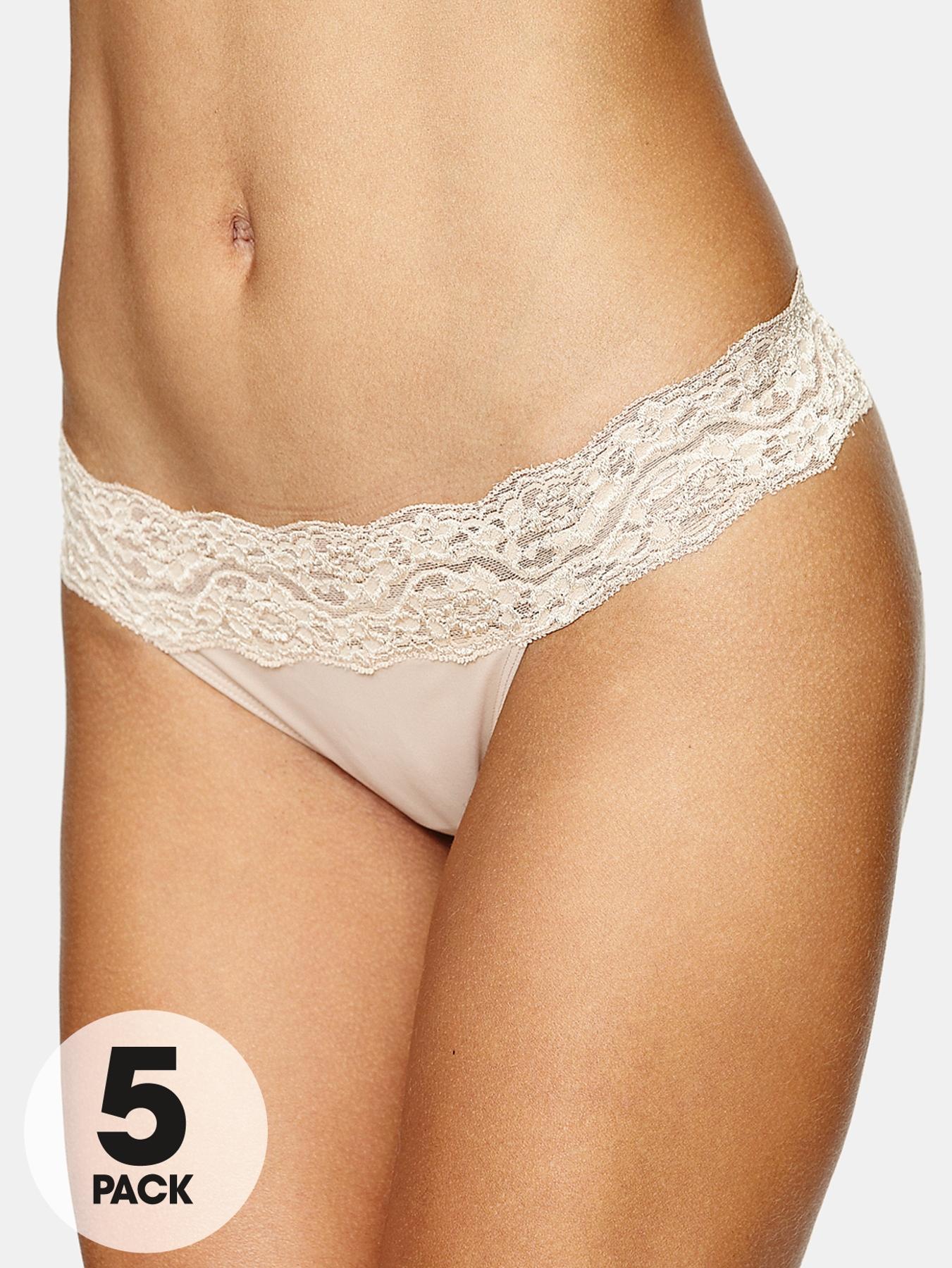 Lace Trim Thongs (5 Pack), Black Lace Trim Thongs (5 Pack), Black