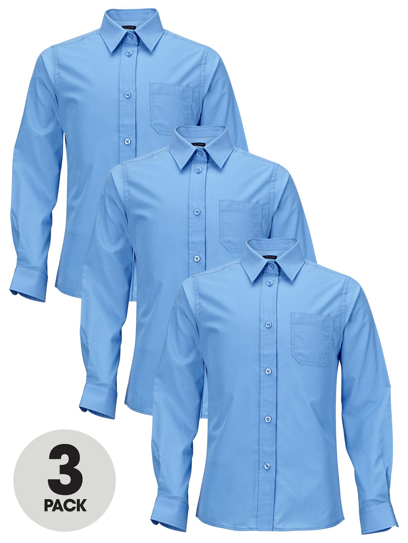 Girls School Uniform Long Sleeve Shirts (3 Pack), White,Blue Girls School Uniform Long Sleeve Shirts (3 Pack), White,Blue