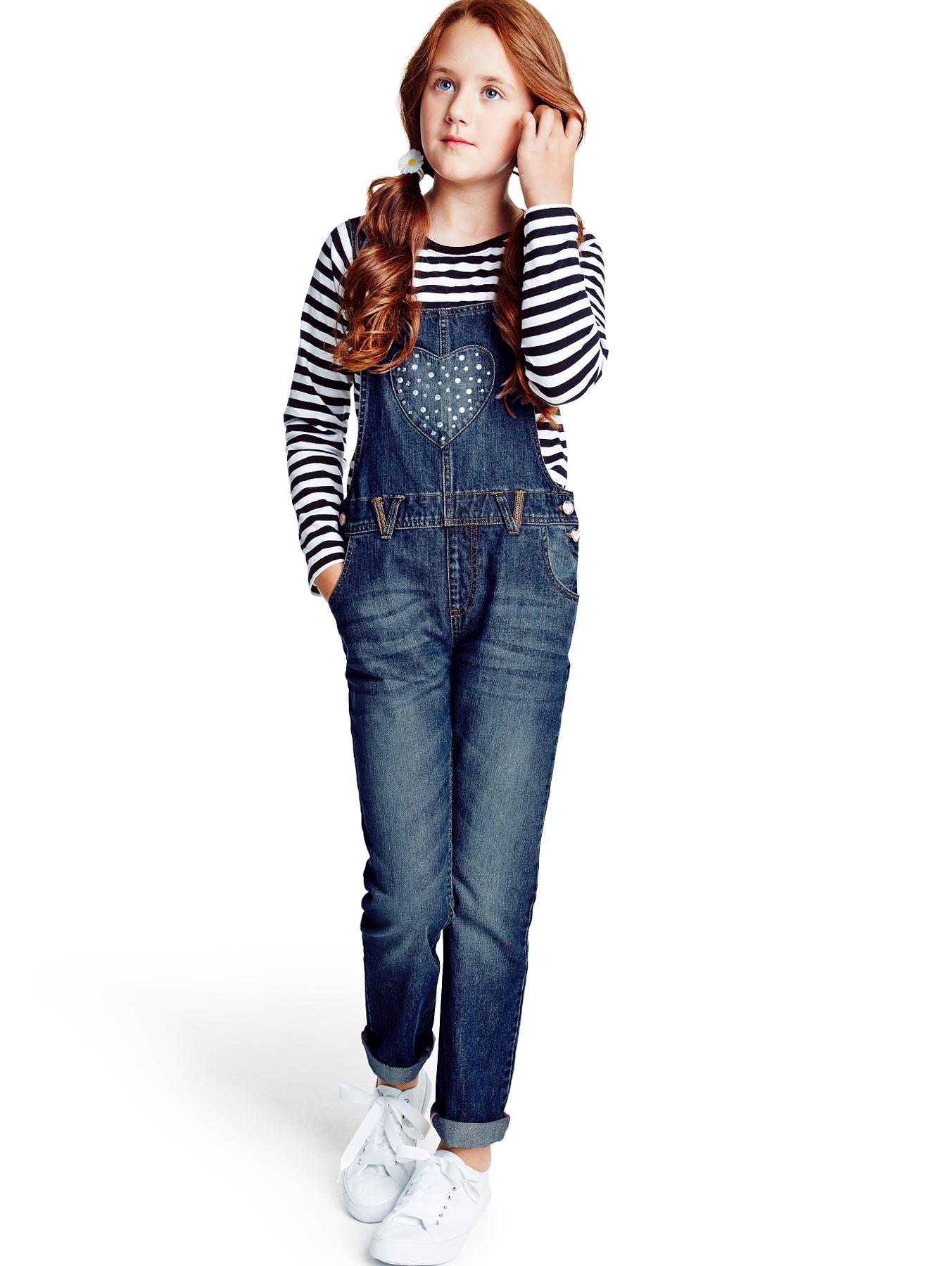 Girls Denim Heart and Stud Pocket Dungarees, Blue Girls Denim Heart and Stud Pocket Dungarees, Blue
