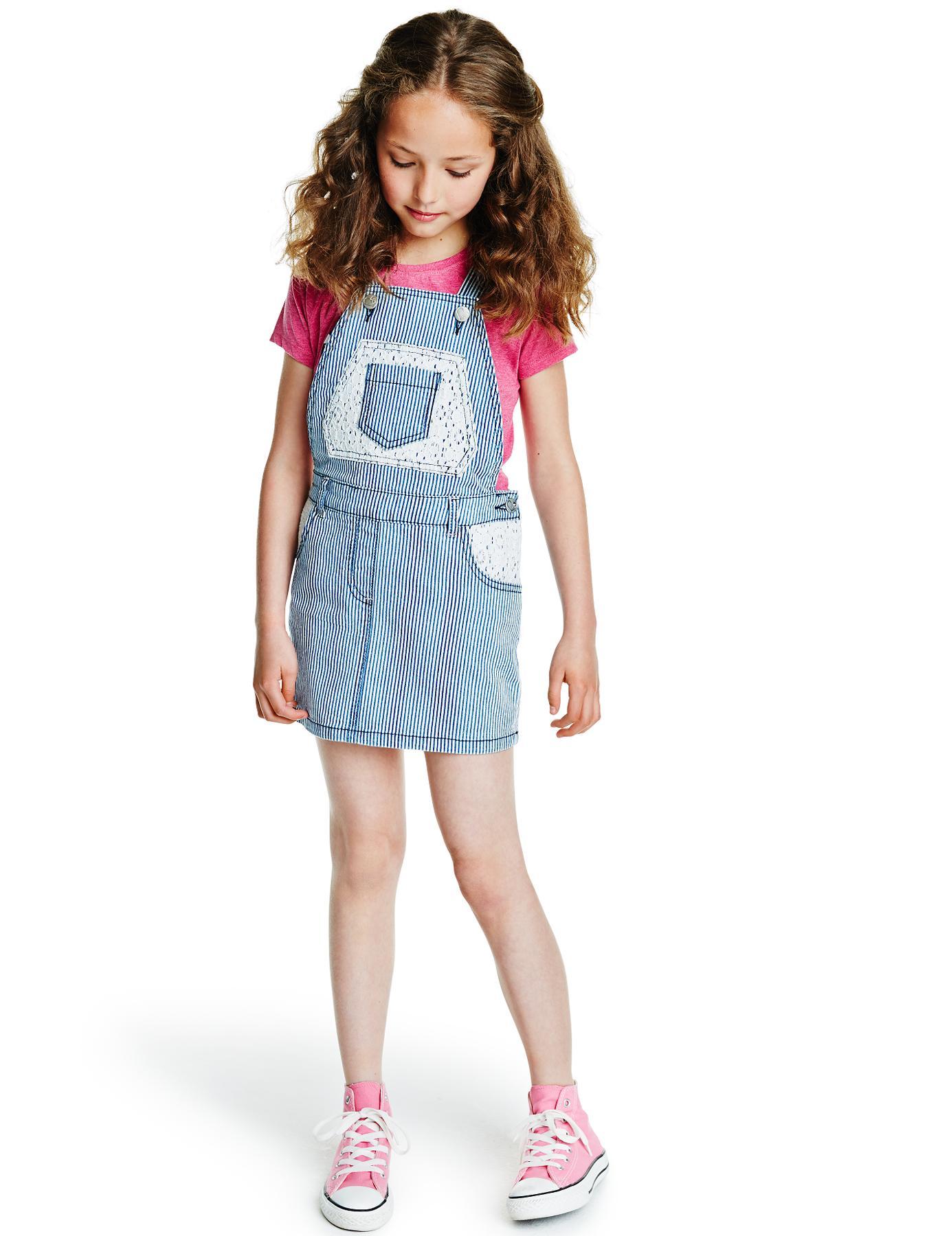 Girls Stripe Dungaree Pinafore Dress, Navy Girls Stripe Dungaree Pinafore Dress, Navy