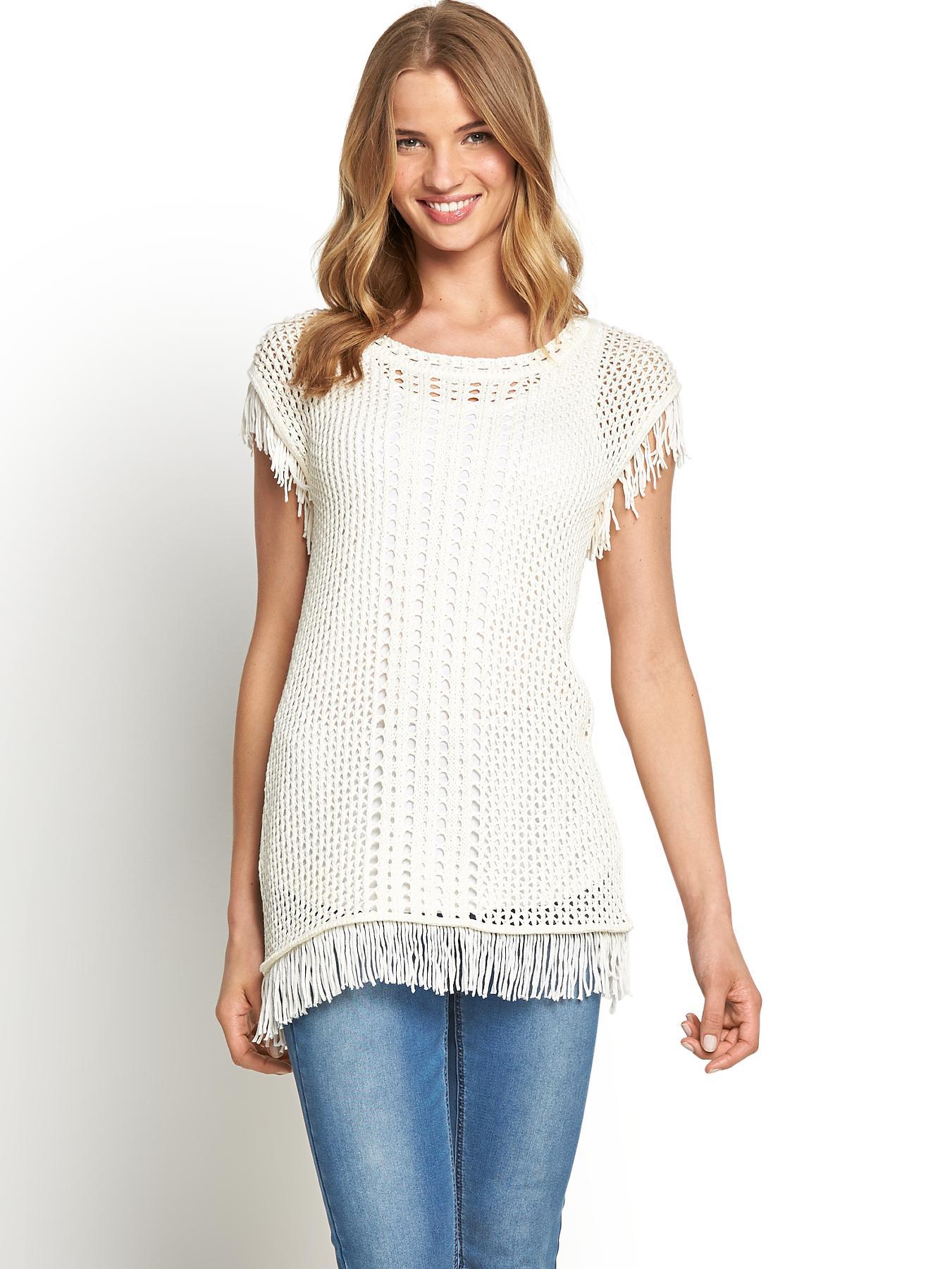 Pointelle Open Knit Tunic, Black,Cream Pointelle Open Knit Tunic, Black,Cream