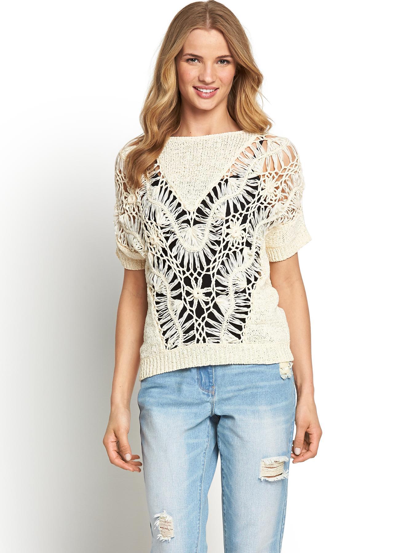 Macrame Knit Jumper, Cream,Black Macrame Knit Jumper, Cream,Black