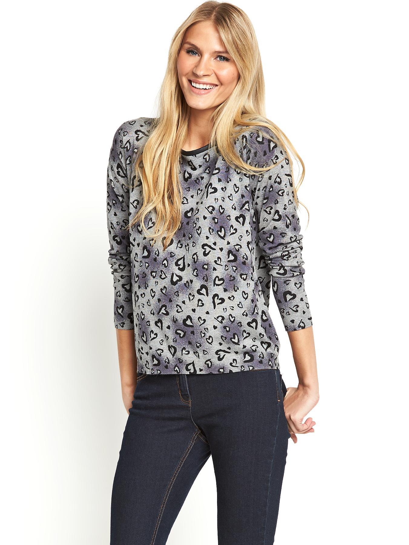 PU Trim Print Jumper - Heart Print PU Trim Print Jumper - Heart Print