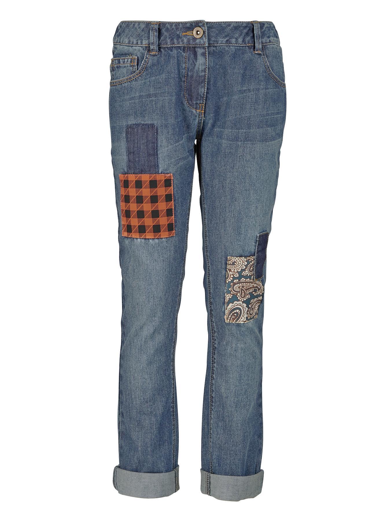 Girls Check Patch Tapered Jeans, Blue Girls Check Patch Tapered Jeans, Blue