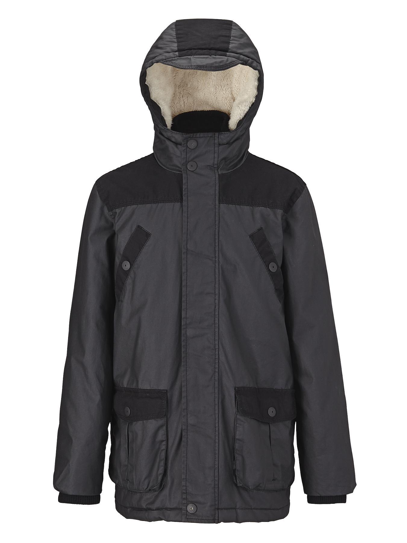 Boys Waxed Look Hooded Jacket, Black Boys Waxed Look Hooded Jacket, Black