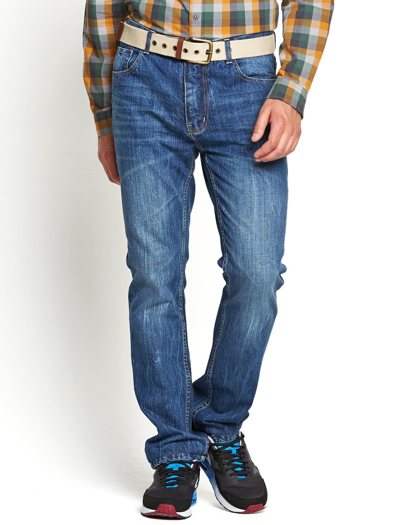 Mens Slim Fit Jeans with Belt - Mid Blue, Blue Mens Slim Fit Jeans with Belt - Mid Blue, Blue