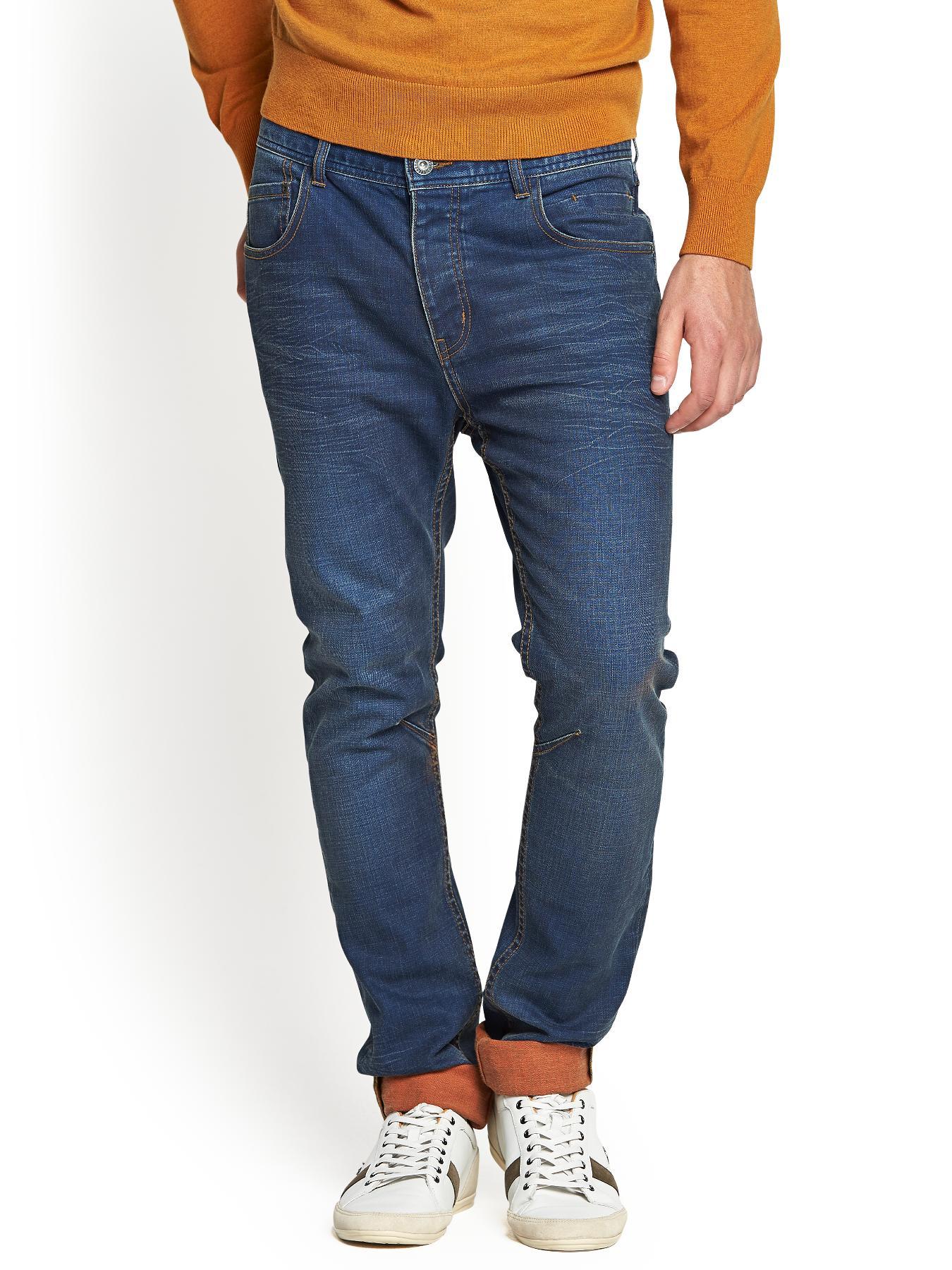 Mens Tapered Contrast Turn Up Jeans, Blue Mens Tapered Contrast Turn Up Jeans, Blue