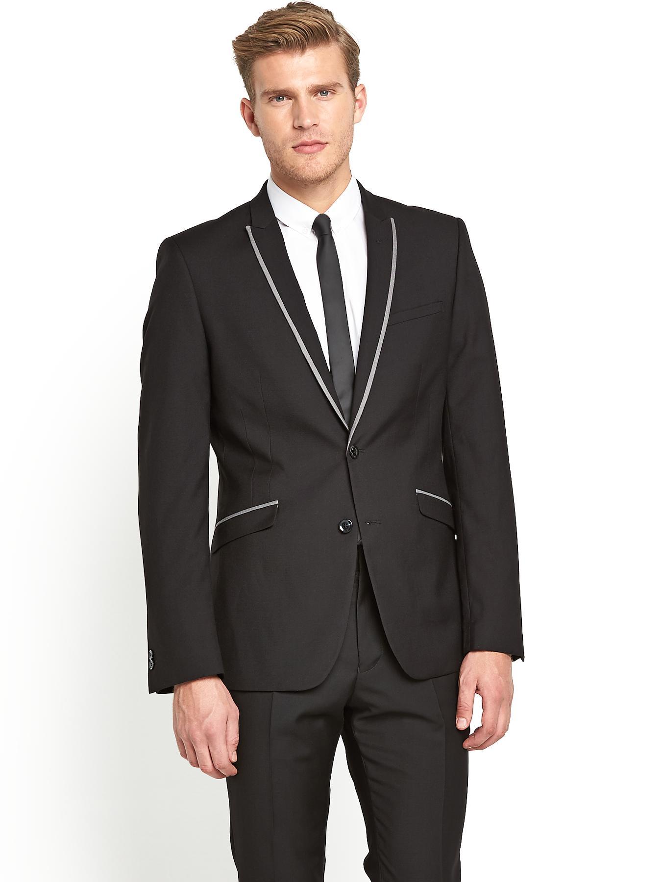Mens Peak Lapel Single Breasted Slim Fit Suit Jacket - Black, Black Mens Peak Lapel Single Breasted Slim Fit Suit Jacket - Black, Black