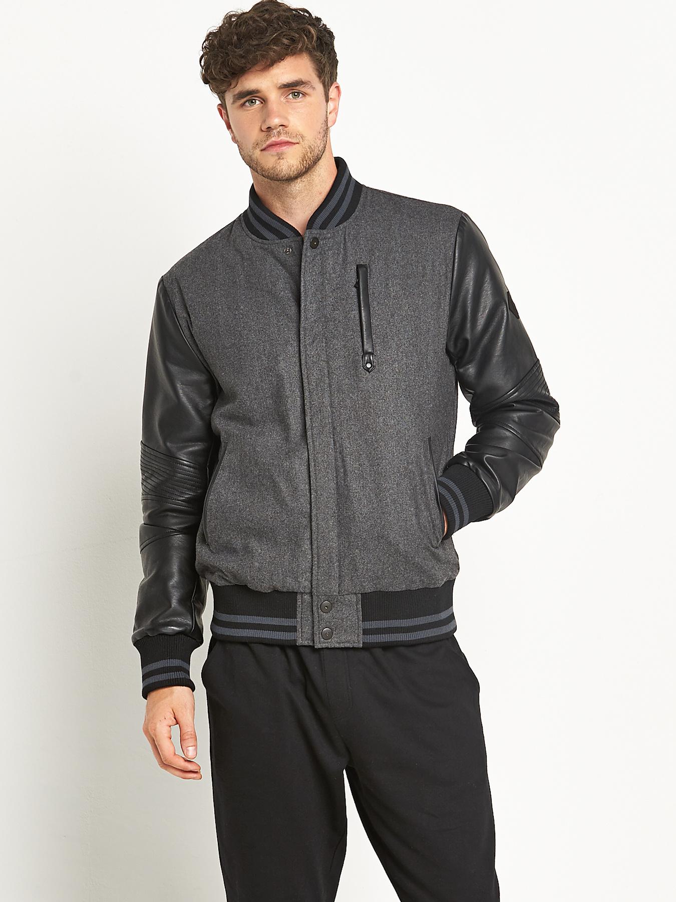 Mens PU Sleeve Baseball Jacket, Charcoal Mens PU Sleeve Baseball Jacket, Charcoal