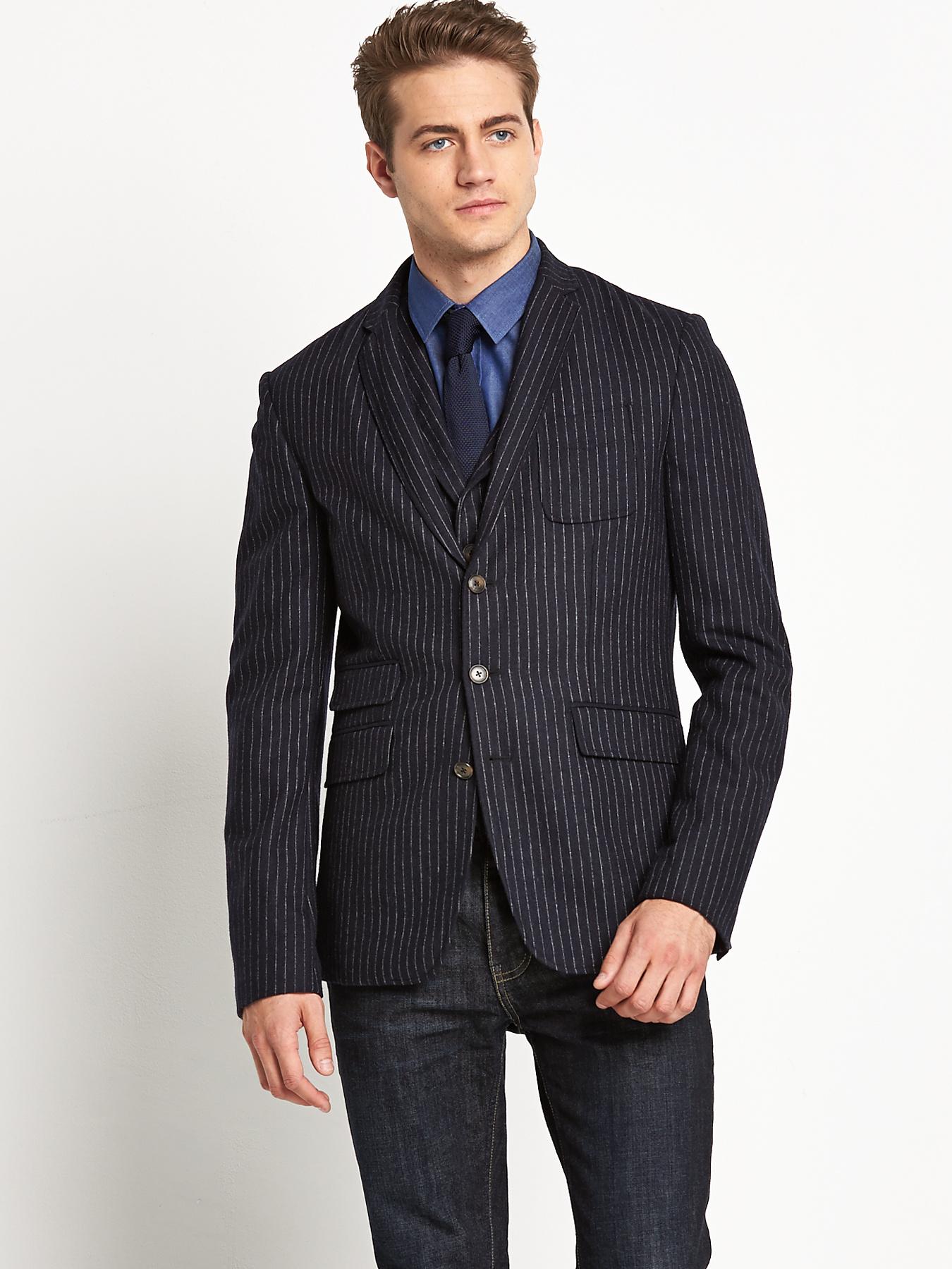 Mens Single Breasted Chalk Stripe Jacket, Navy Mens Single Breasted Chalk Stripe Jacket, Navy