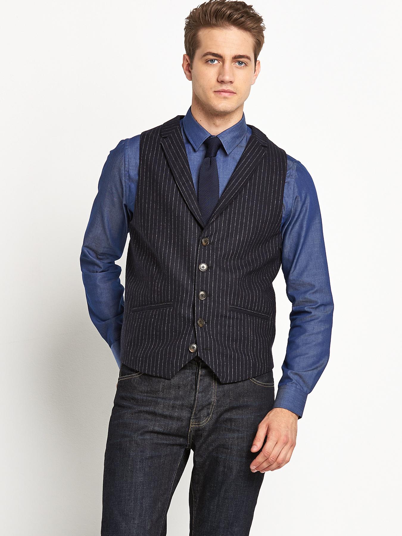 Mens Chalk Stripe Waistcoat, Navy Mens Chalk Stripe Waistcoat, Navy