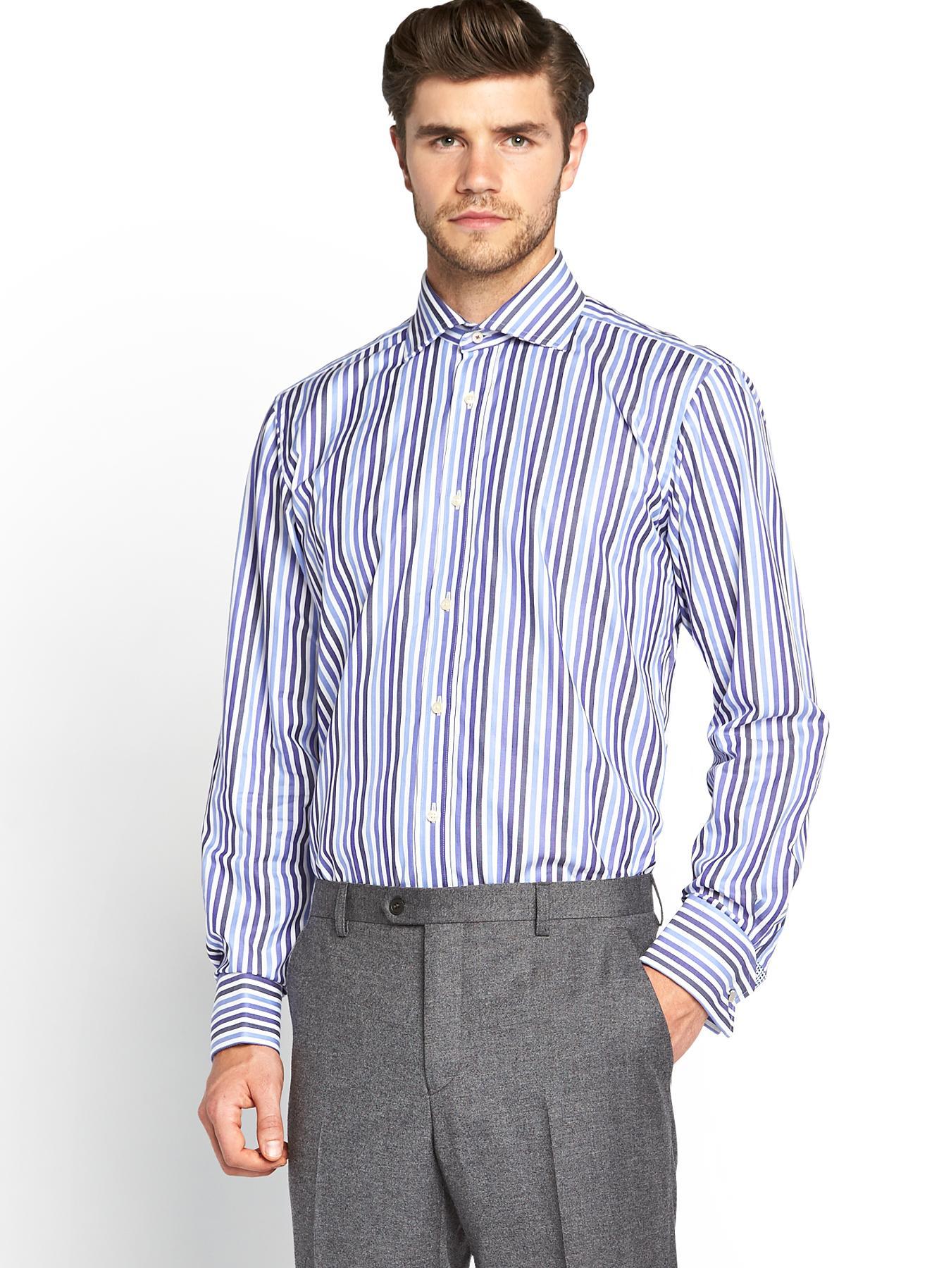 Mens Striped Long Sleeved Shirt, Blue Mens Striped Long Sleeved Shirt, Blue