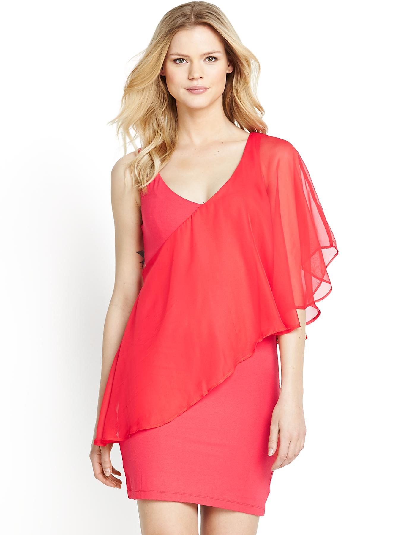 Asymmetric Frill Jersey Woven Tunic, Red,Black Asymmetric Frill Jersey Woven Tunic, Red,Black