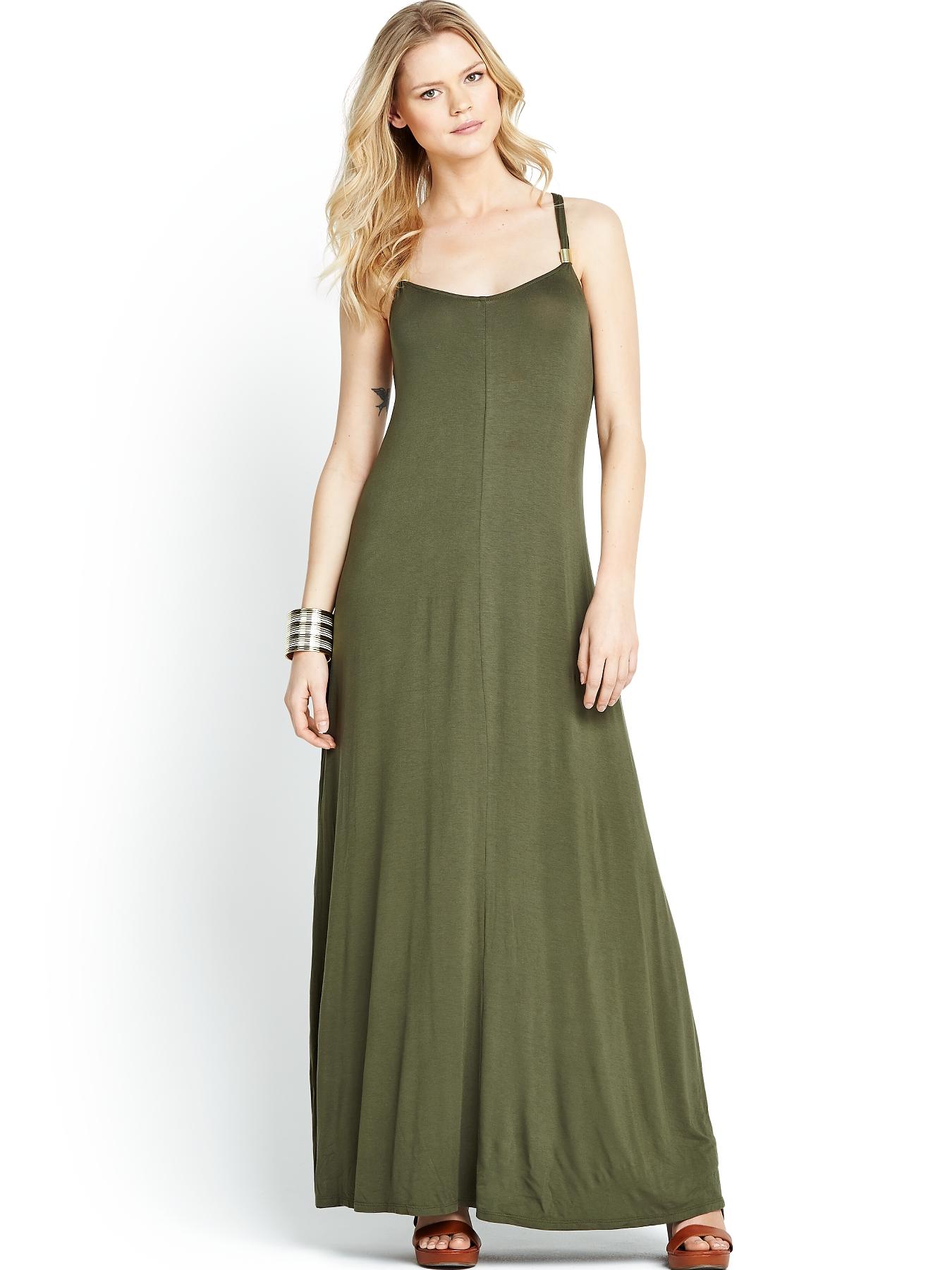 Metal Strap Detail Maxi Dress, Black,Khaki Metal Strap Detail Maxi Dress, Black,Khaki