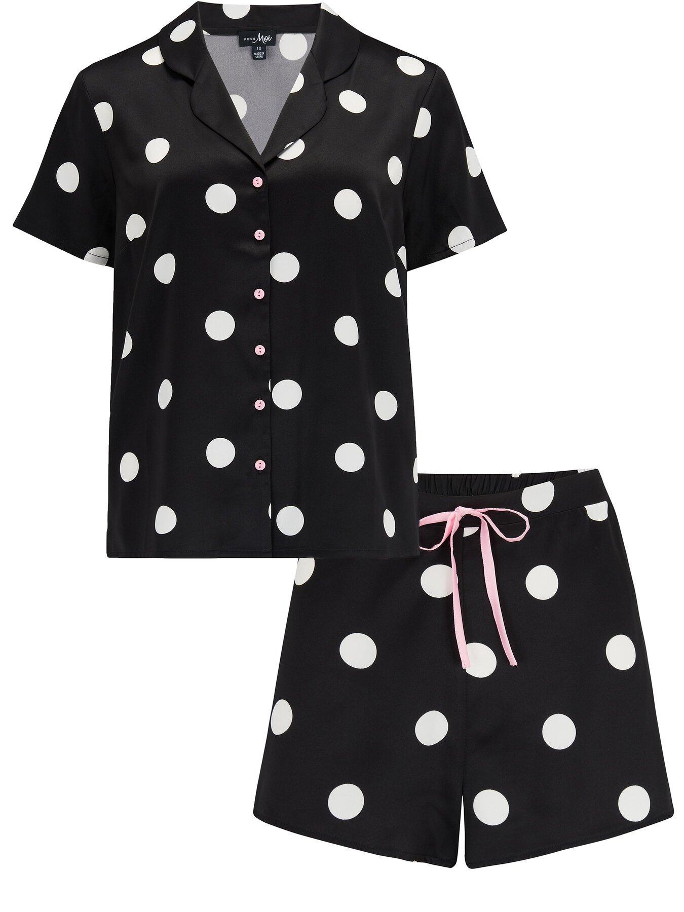  image of pour-moi-satin-print-revere-collar-short-pj-set