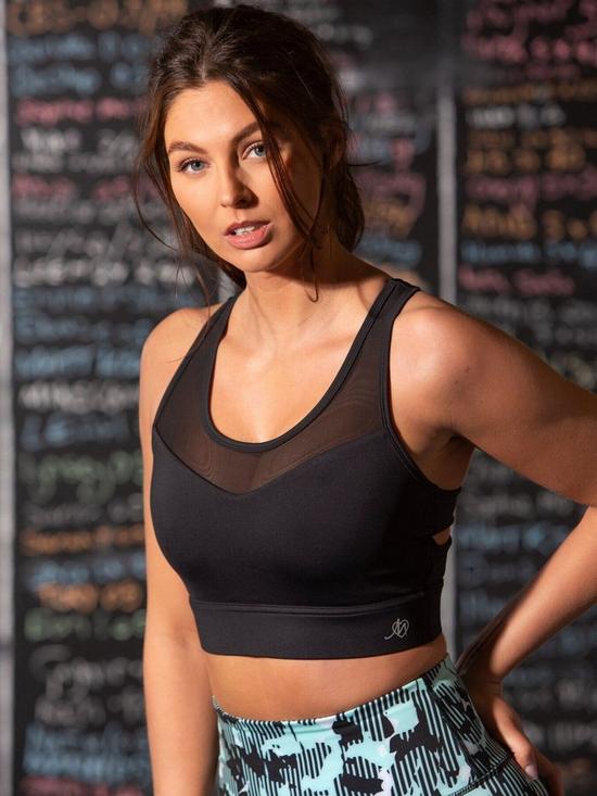 front image of pour-moi-energy-mesh-insert-crop-top-black