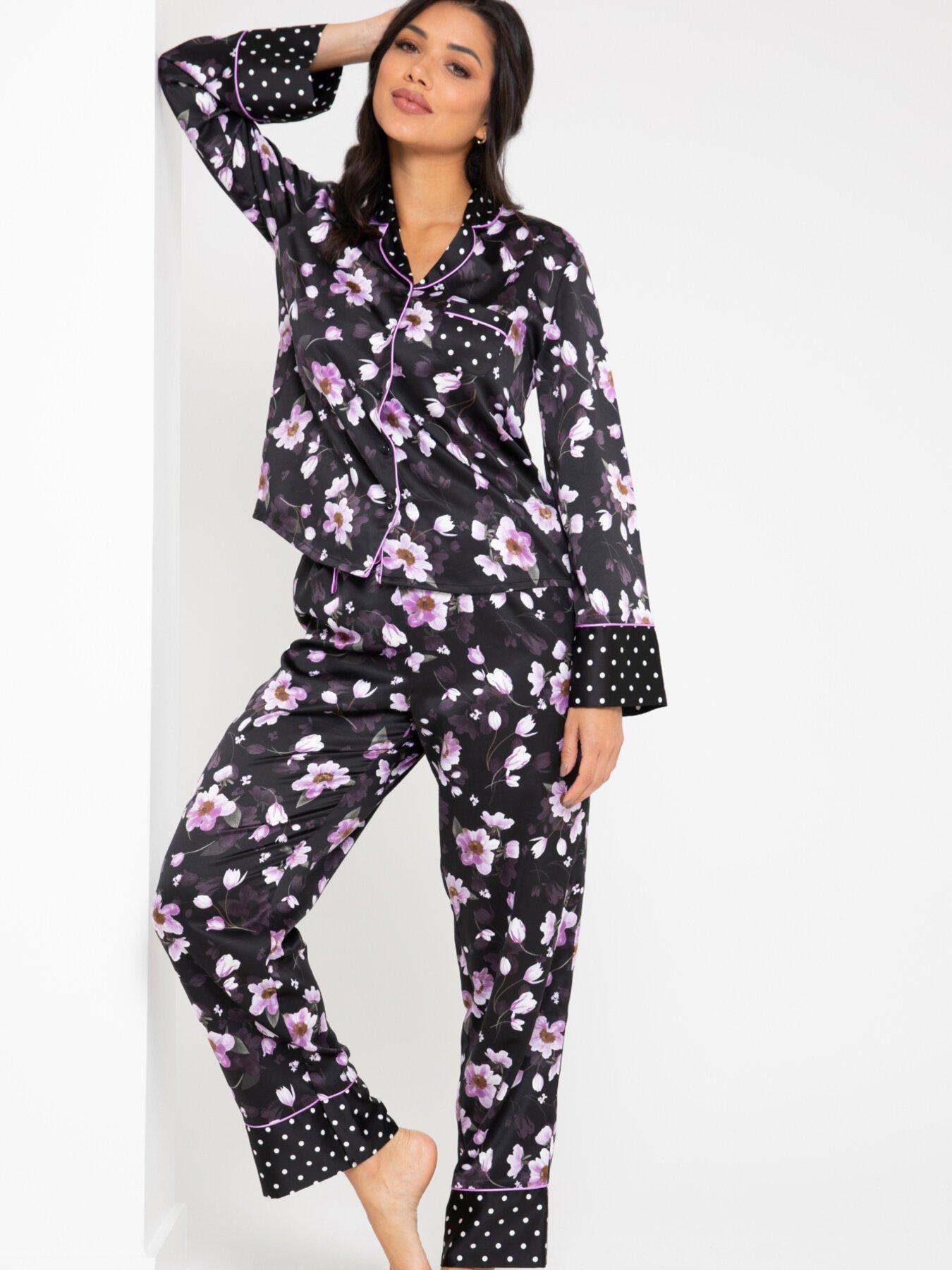  image of pour-moi-luxe-satin-print-mix-revere-collar-pyjama-set