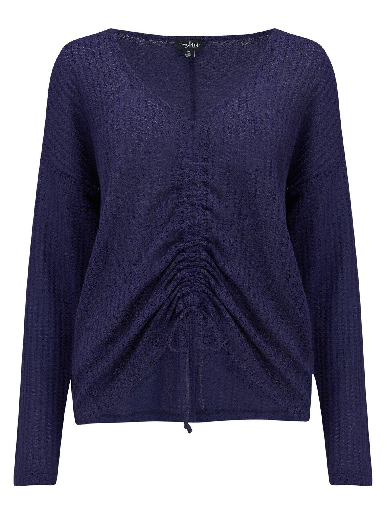  image of pour-moi-off-duty-waffle-knit-ruche-front-long-sleeve-top-dark-blue
