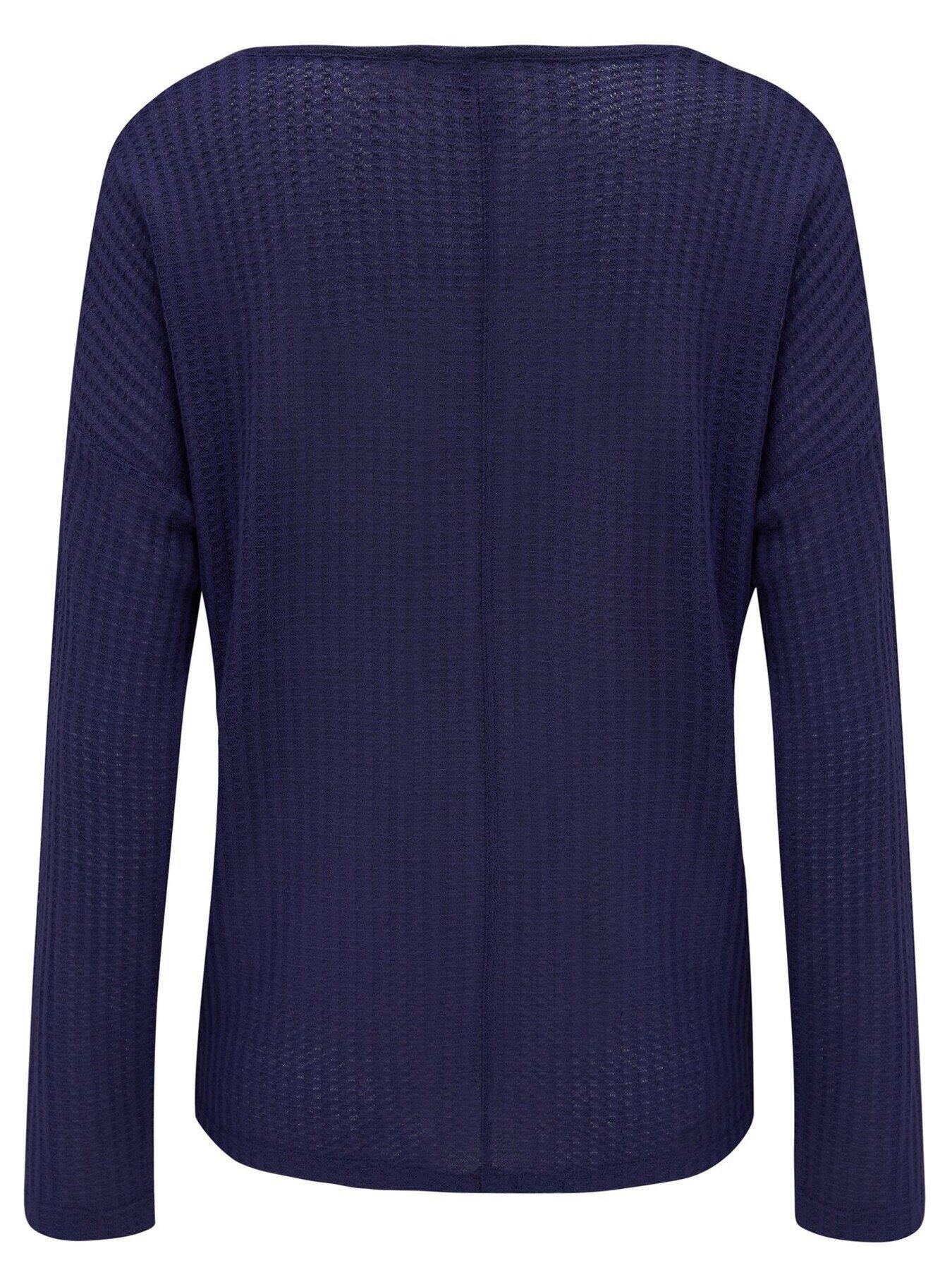  image of pour-moi-off-duty-waffle-knit-ruche-front-long-sleeve-top-dark-blue