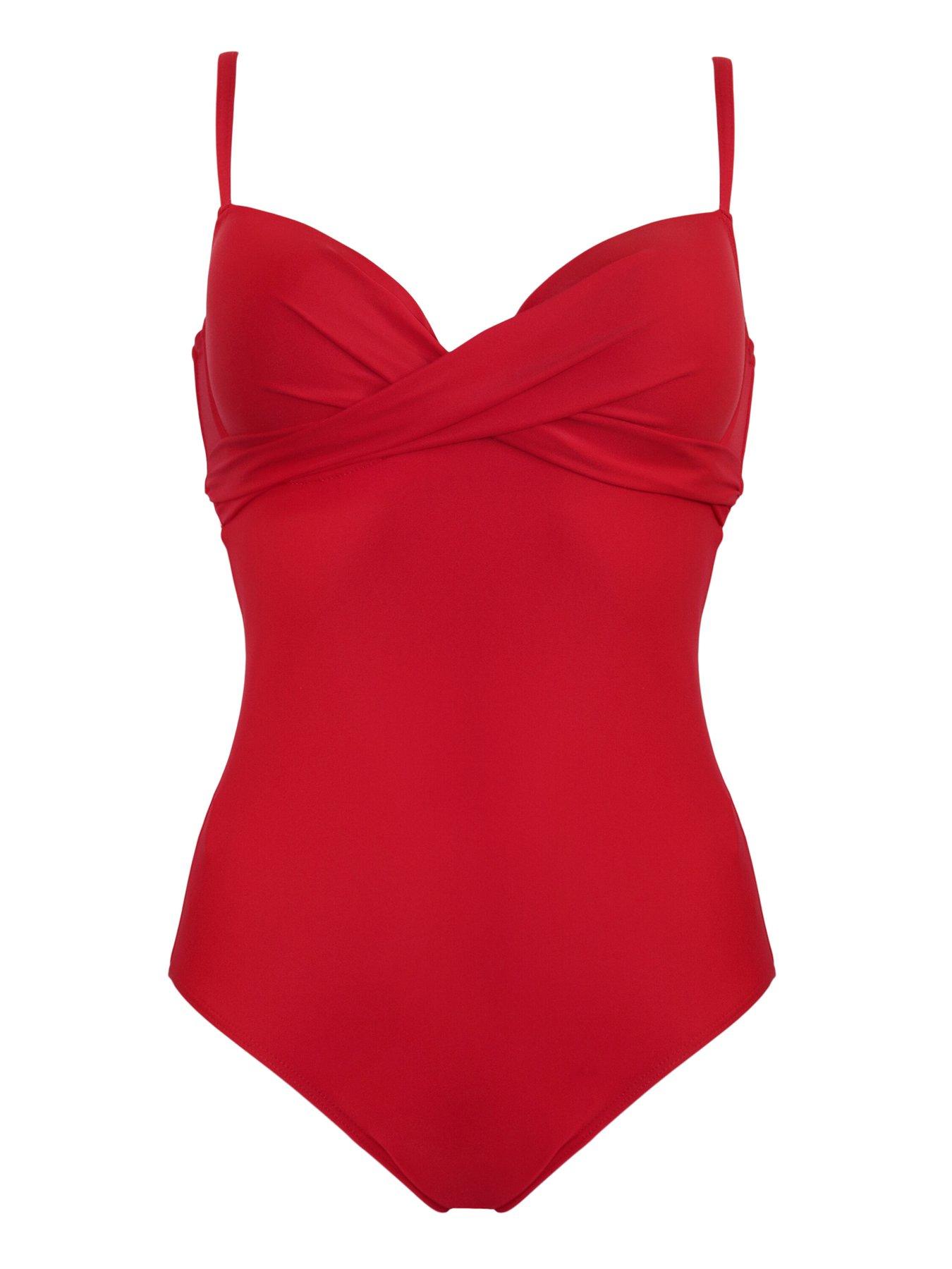  image of pour-moi-lightly-padded-underwired-twist-front-tummy-control-swimsuit-red