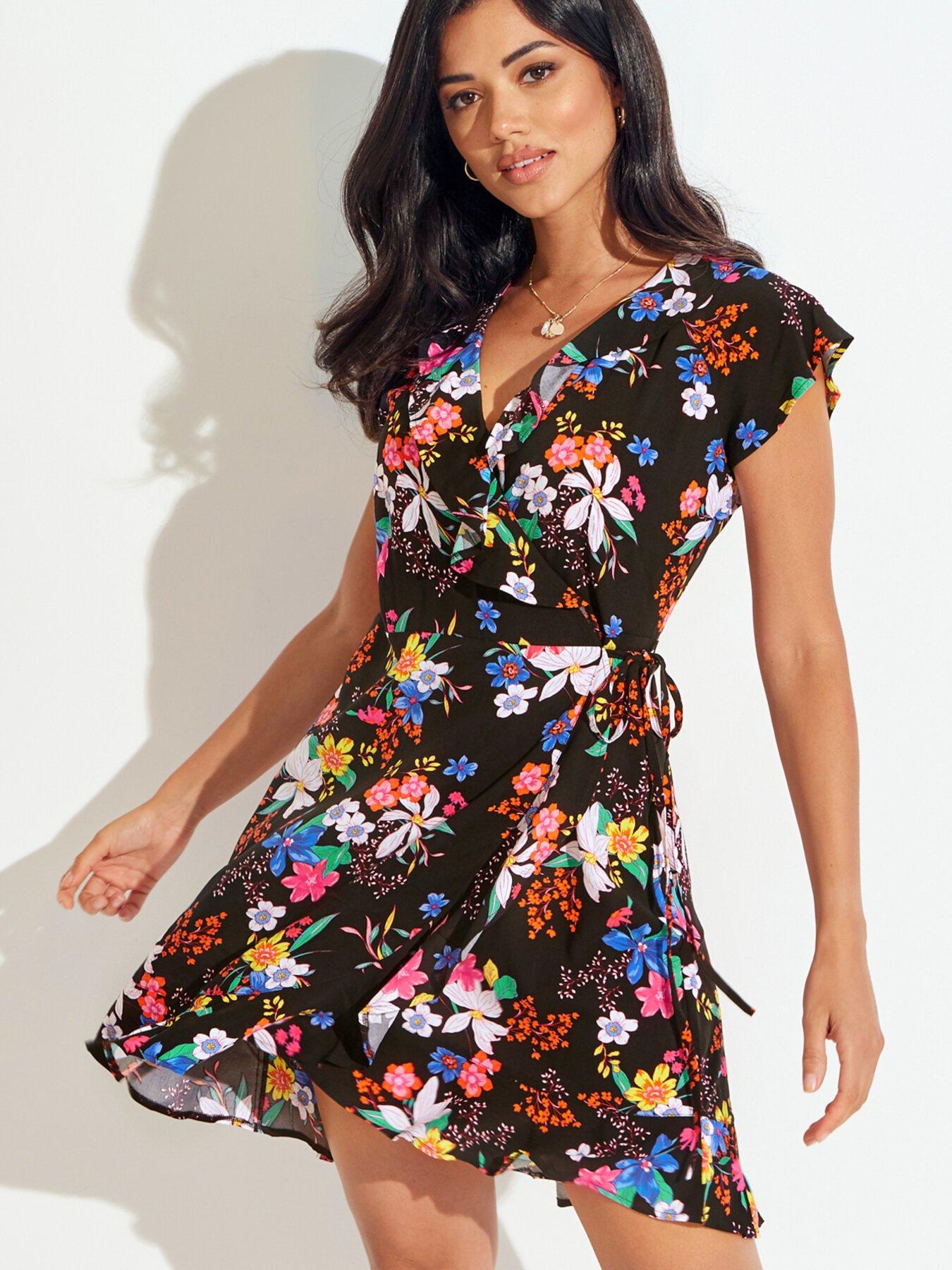  image of pour-moi-wovennbspfrill-wrap-dress-print-multi
