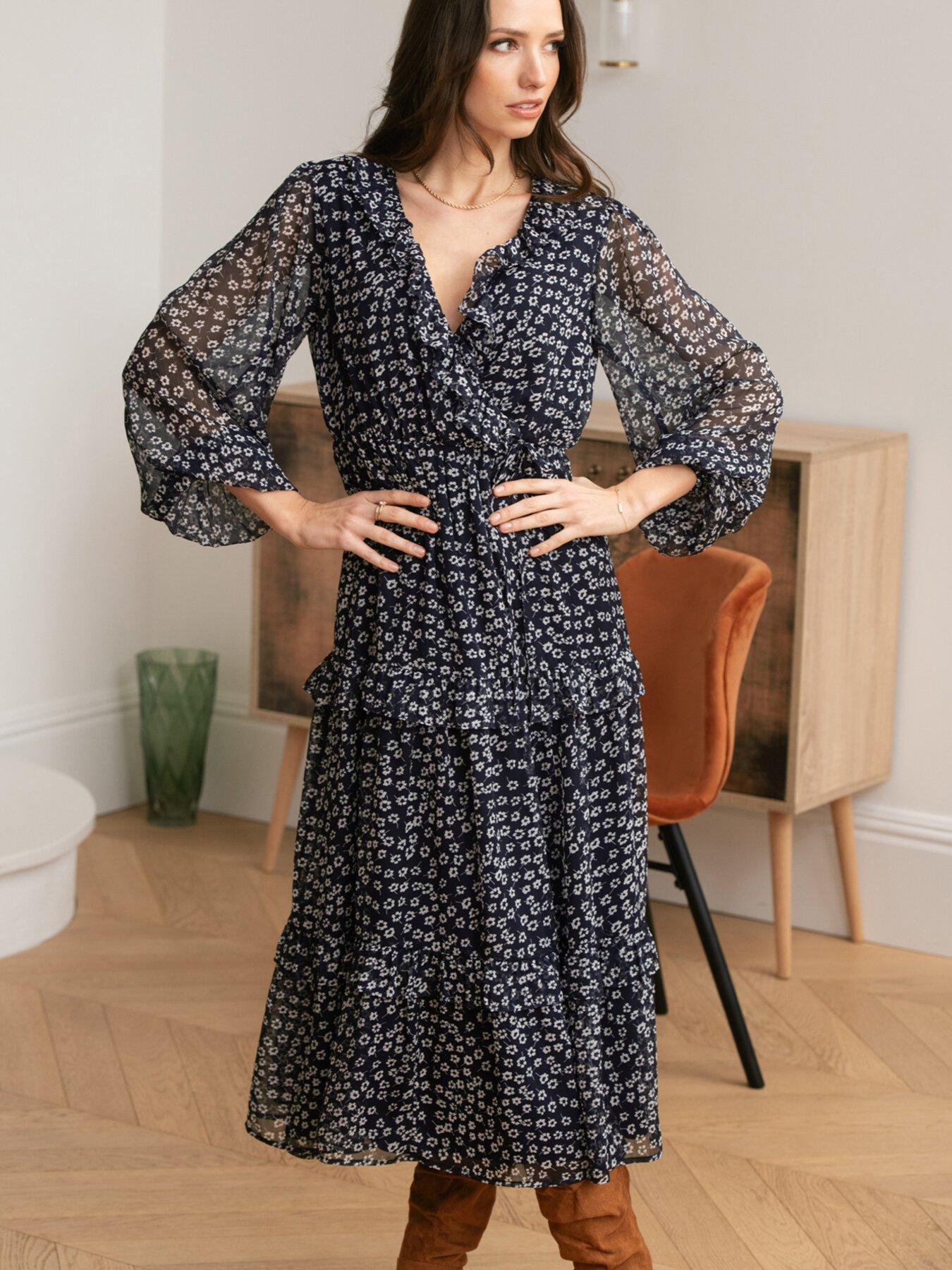 undefined Lily Chiffon Frill Midaxi Dress - Dark Floral