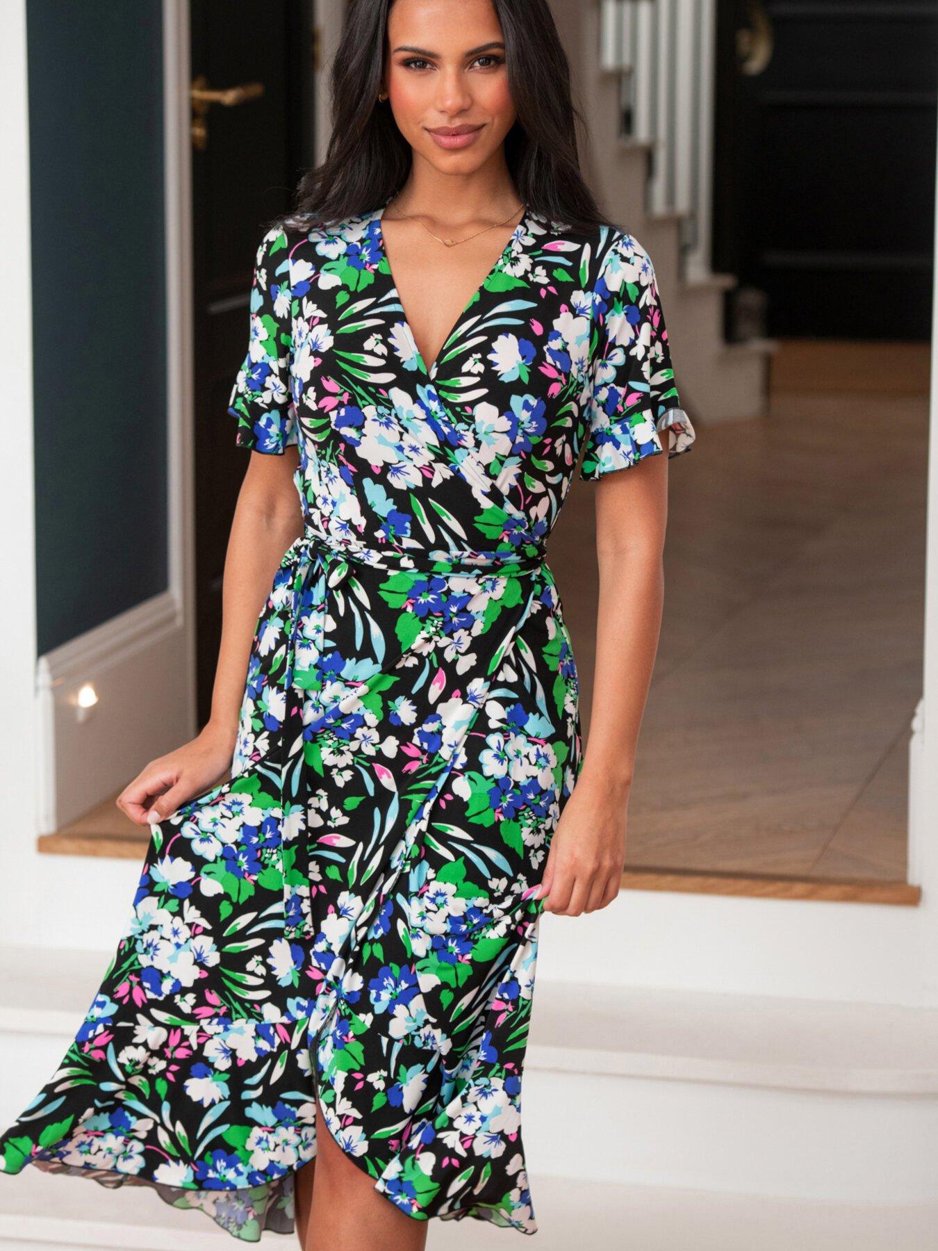 undefined Megan Slinky Jersey Frill Detail Midi Wrap Dress - Black/Multi