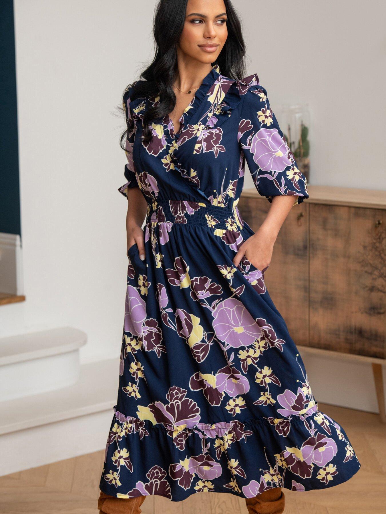 undefined Maggie Woven Frill Midi Dress - Dark Floral