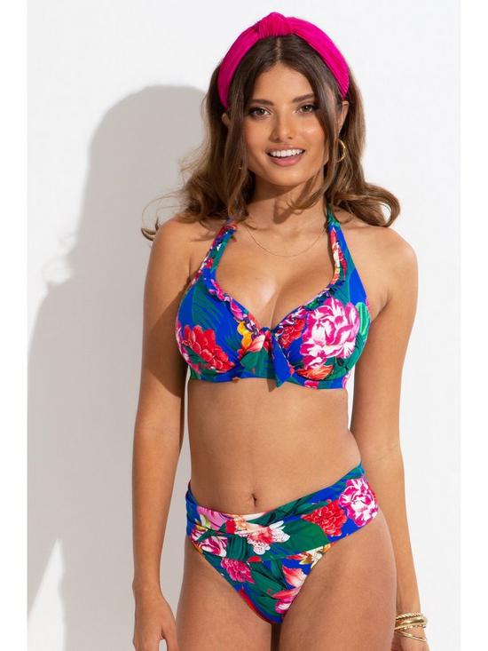 outfit image of pour-moi-antigua-frill-halter-underwired-top-floral