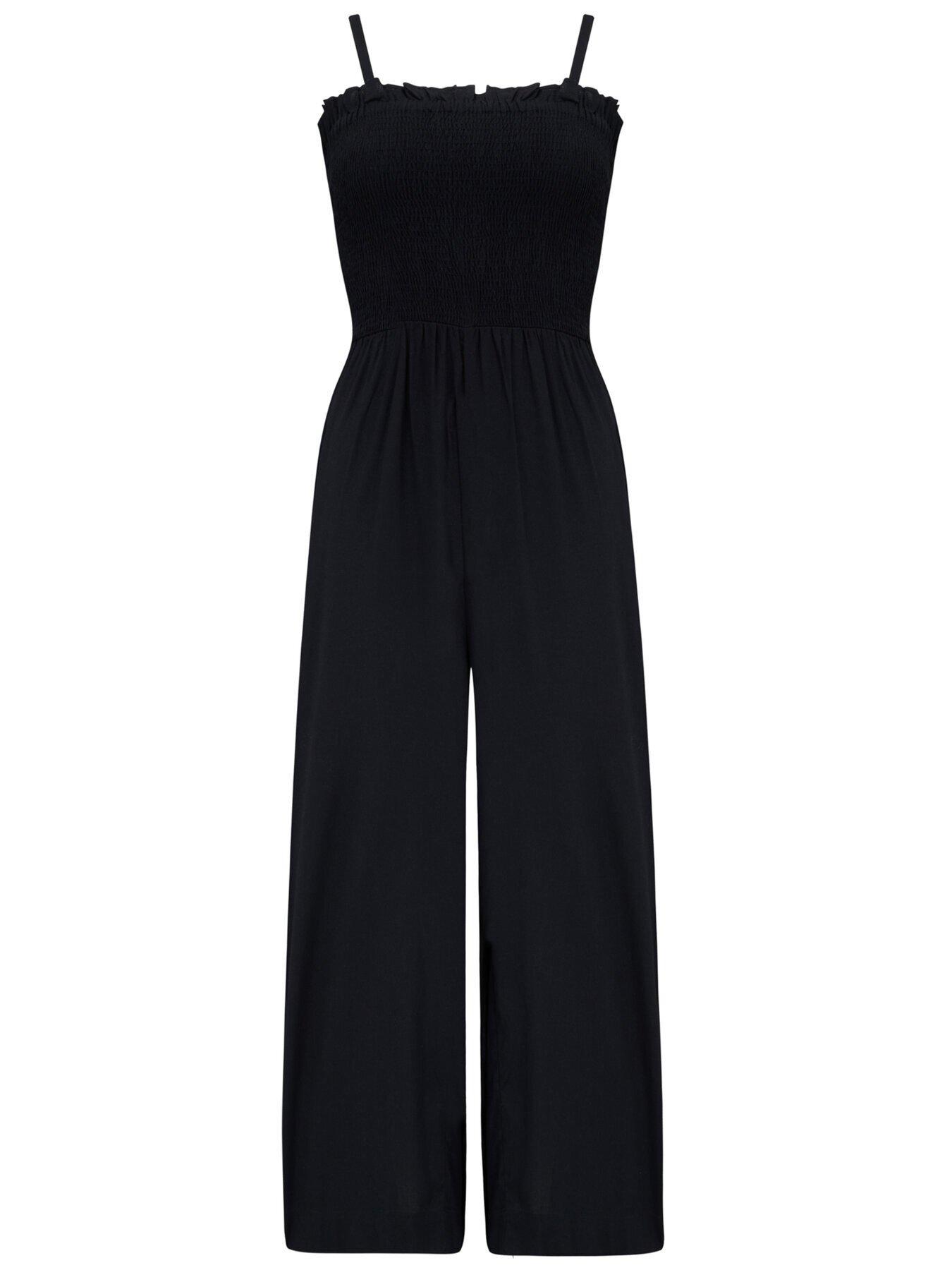  image of pour-moi-tie-strap-shirred-bodice-jumpsuit-black