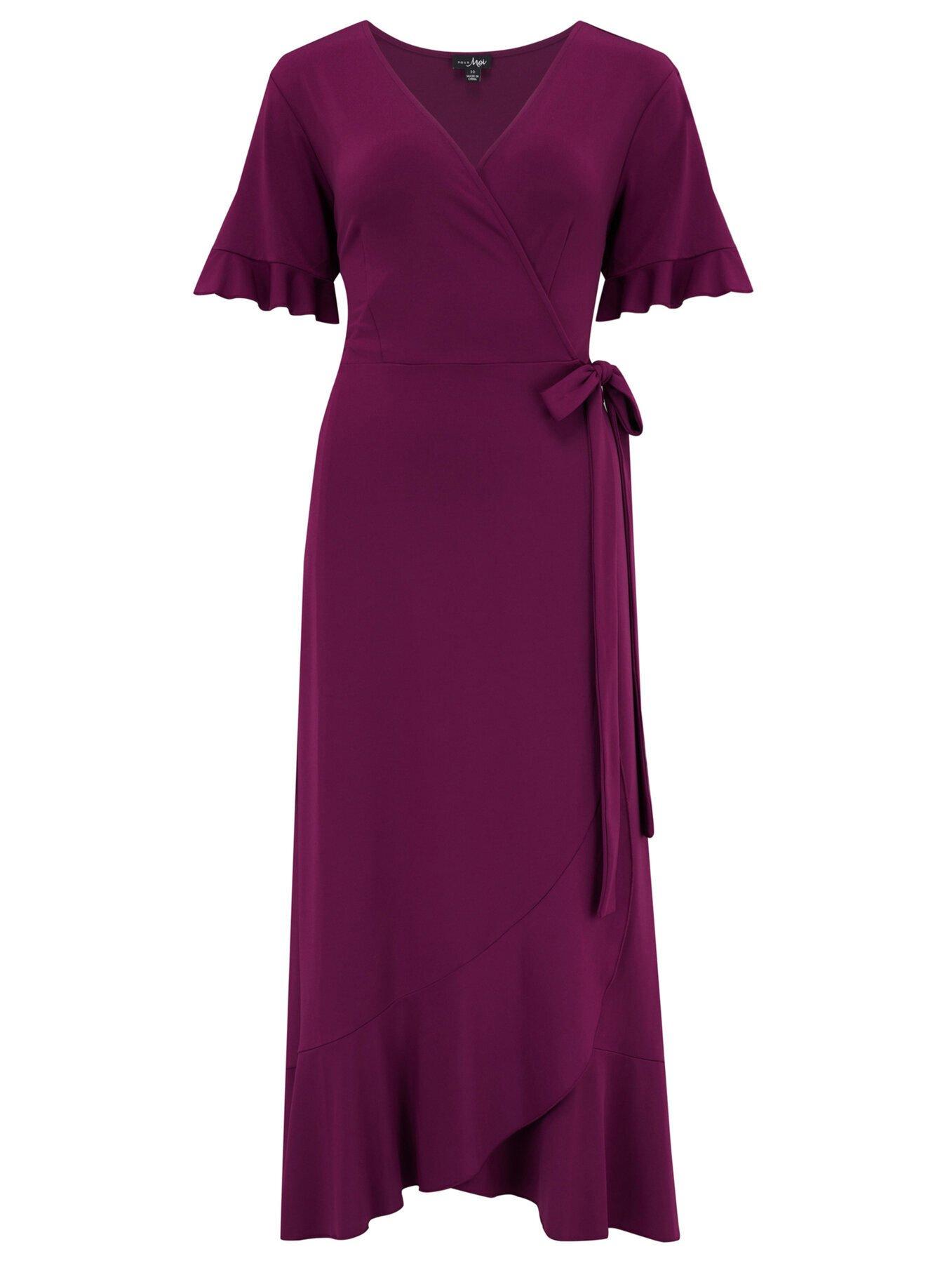 Megan Slinky Recycled Jersey Frill Detail Midi Wrap Dress Dark Purple