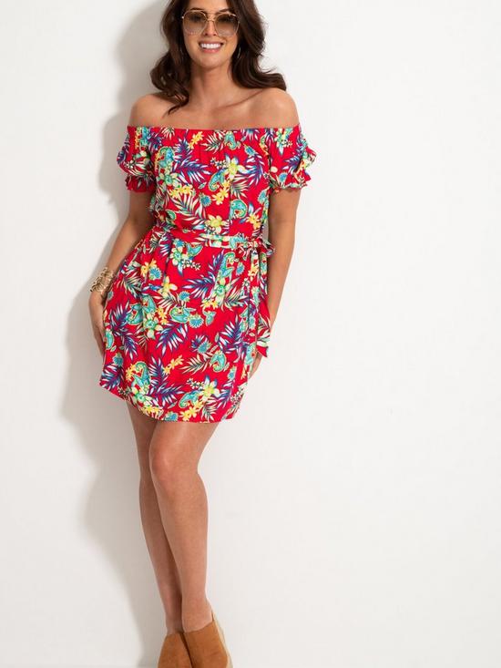 front image of pour-moi-woven-puff-sleeve-belted-bardot-dress-red