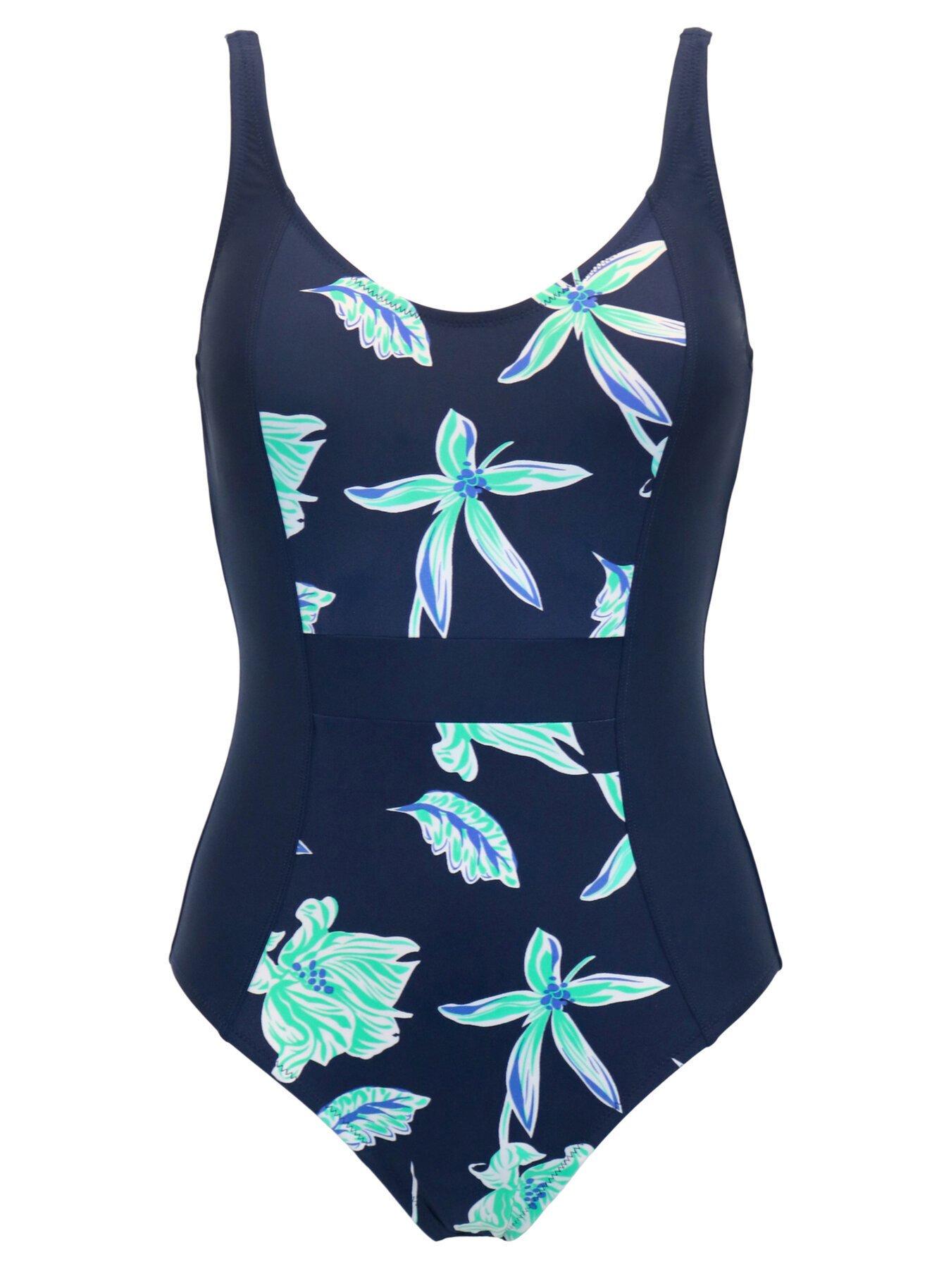  image of pour-moi-scoop-neck-panelled-tummy-control-swimsuit-dark-floral