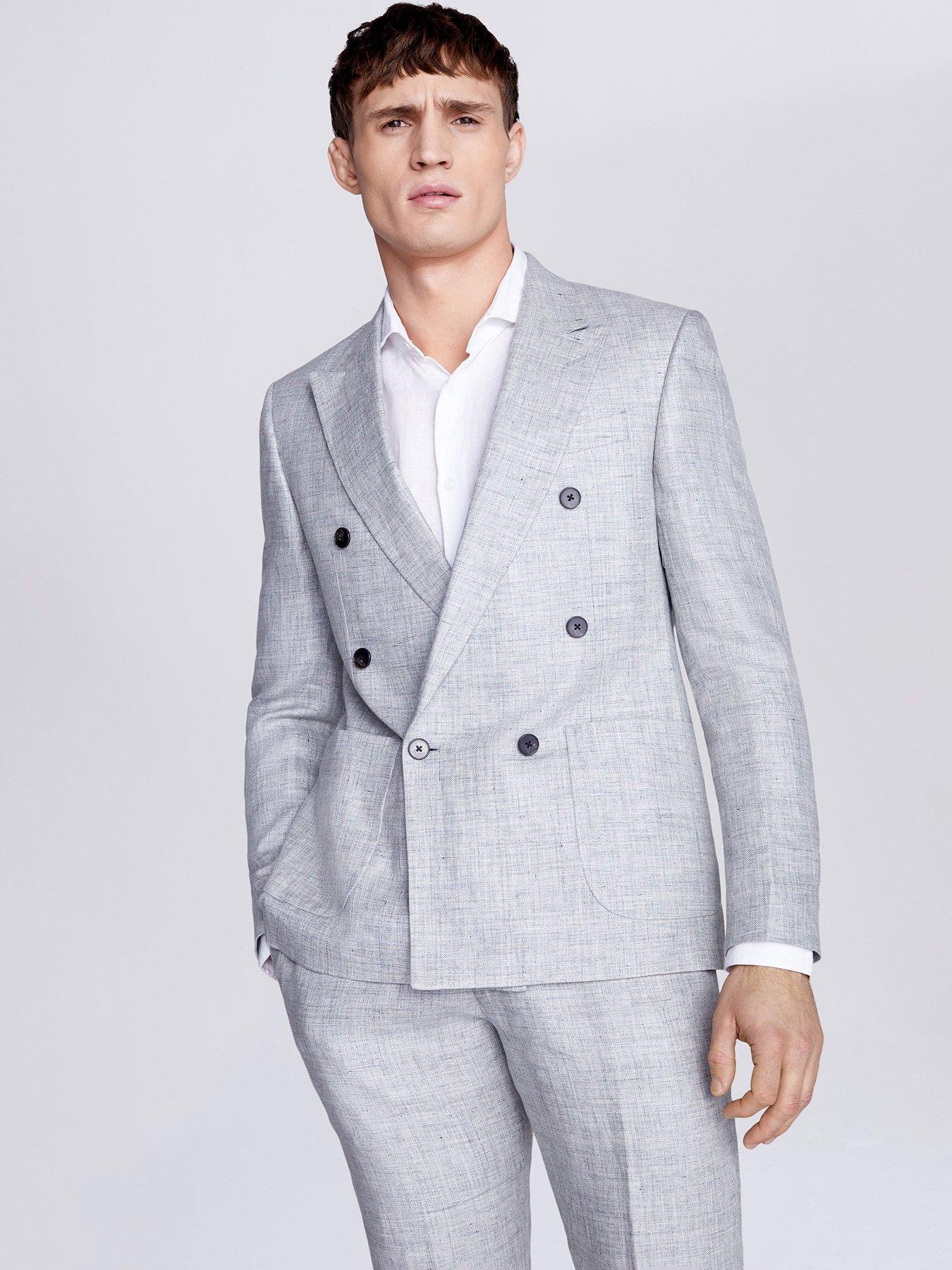 MOSS Slim Fit Linen Double Breasted Suit Jacket - Grey | littlewoods.com