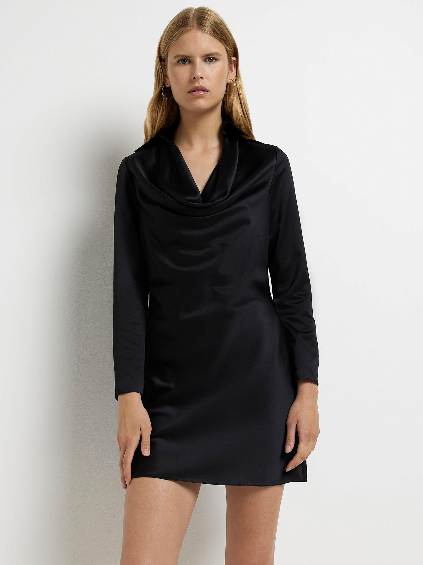 Satin Cowl Neck Mini Dress Black