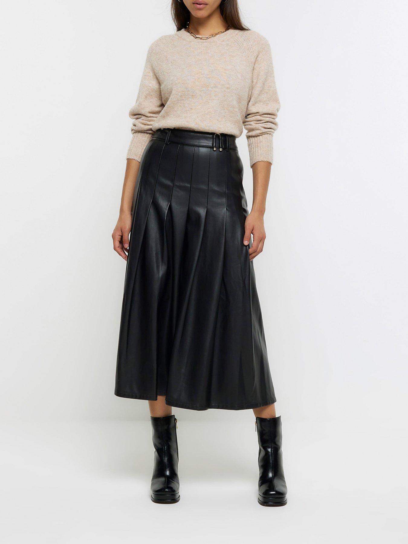 Faux Leather Pleated Midi Skirt