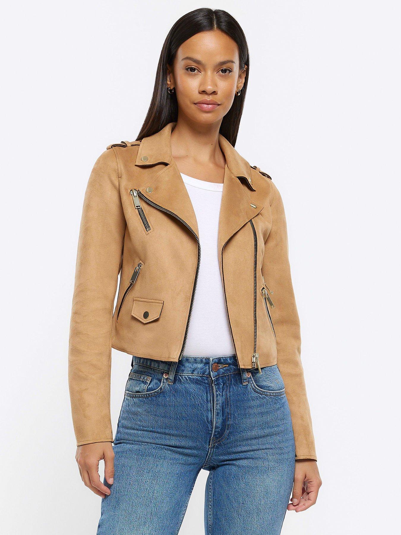 River Island Faux Suede Biker Jacket Brown littlewoods