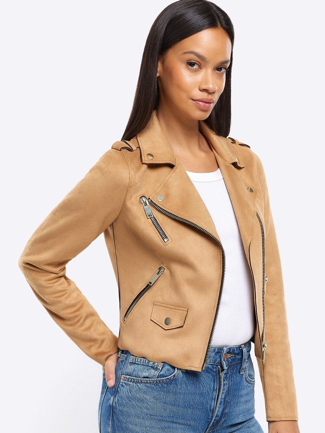 Faux Suede Biker Jacket Brown