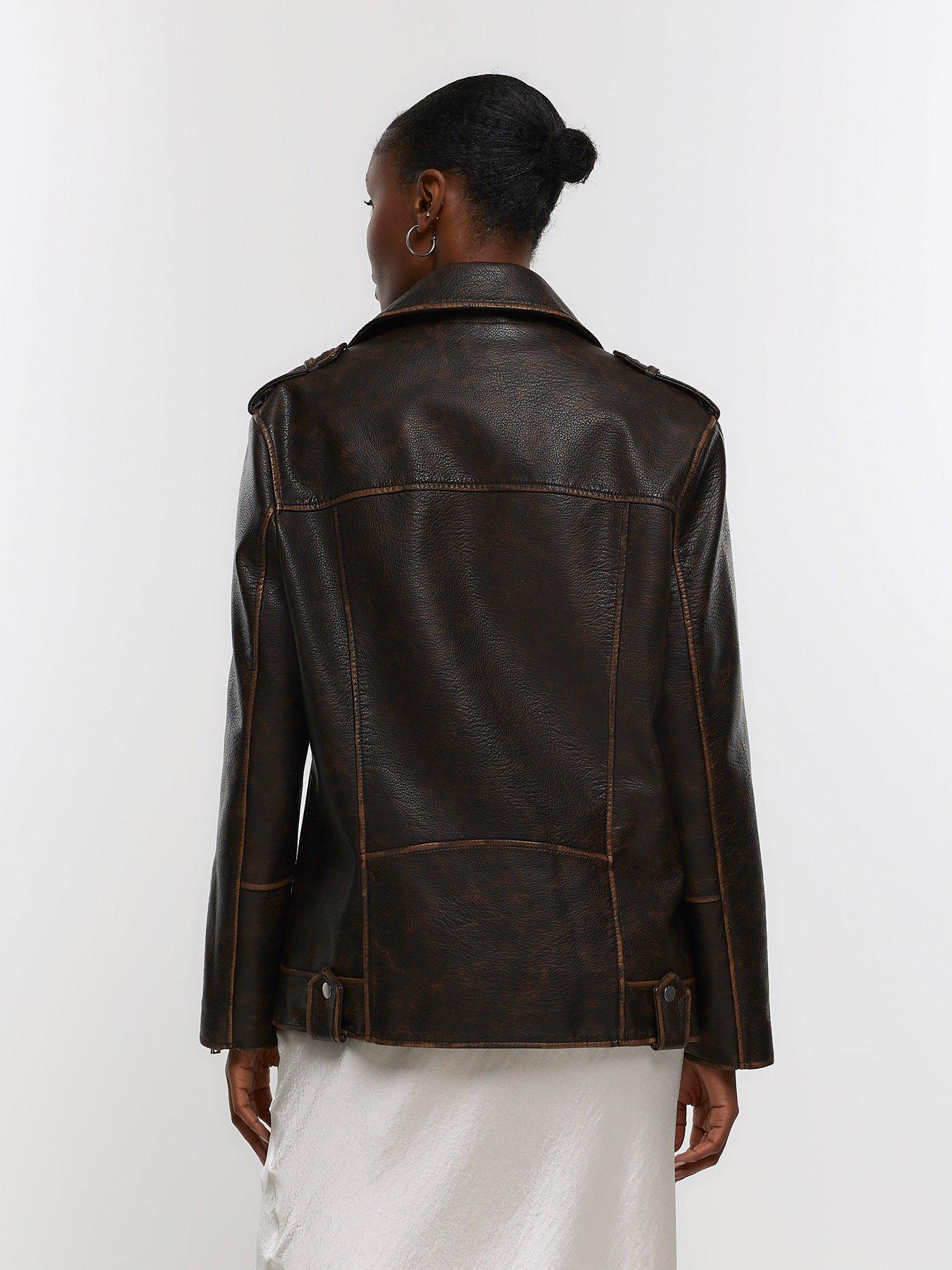 Mint Velvet Stitch Sleeve Detail Leather Biker Jacket - Black