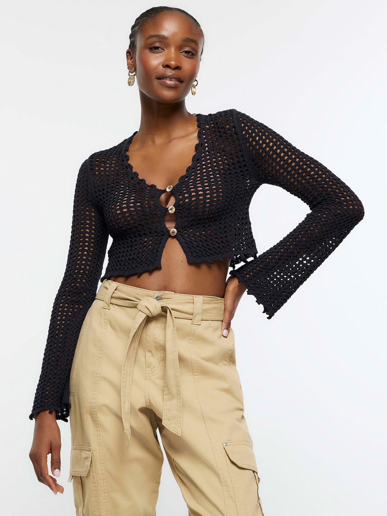 Black crochet long sleeve top online