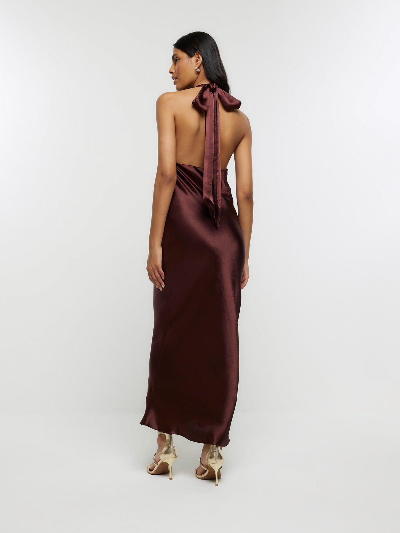 River Island Satin Halter Neck Midi Dress - Brown | Littlewoods.com