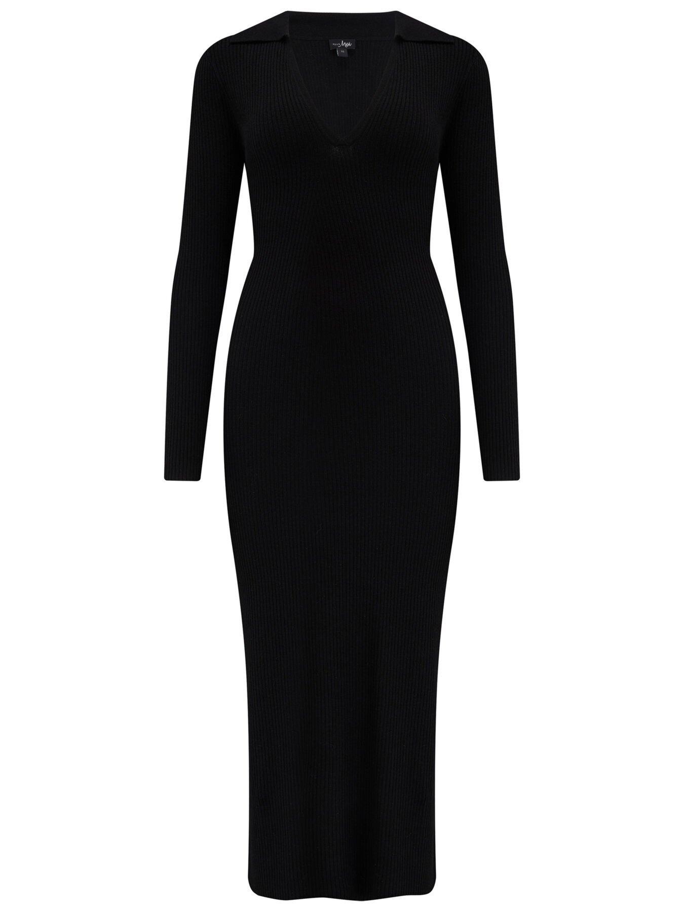 image of pour-moi-eva-rib-knit-v-neck-collar-midi-dress-black