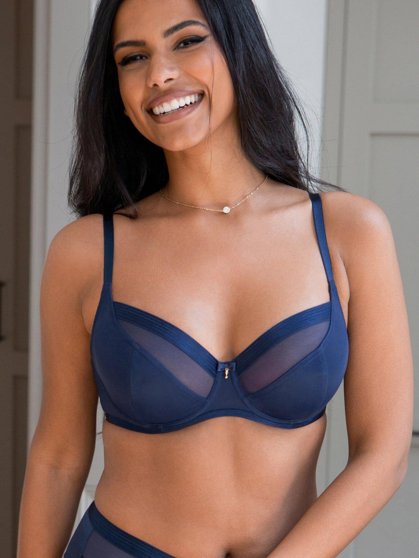 Full coverage lace bra set with high cut coordinated brief - Navy blue -  Plus Size. Colour: navy blue. Size: 40d/8