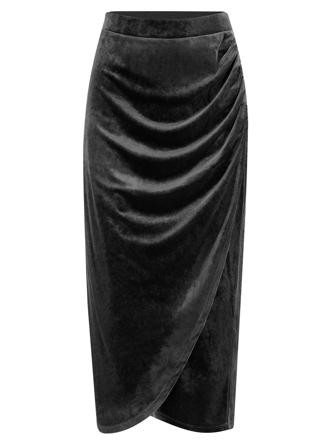 Jameela Stretch Velvet Midi Wrap Skirt Black