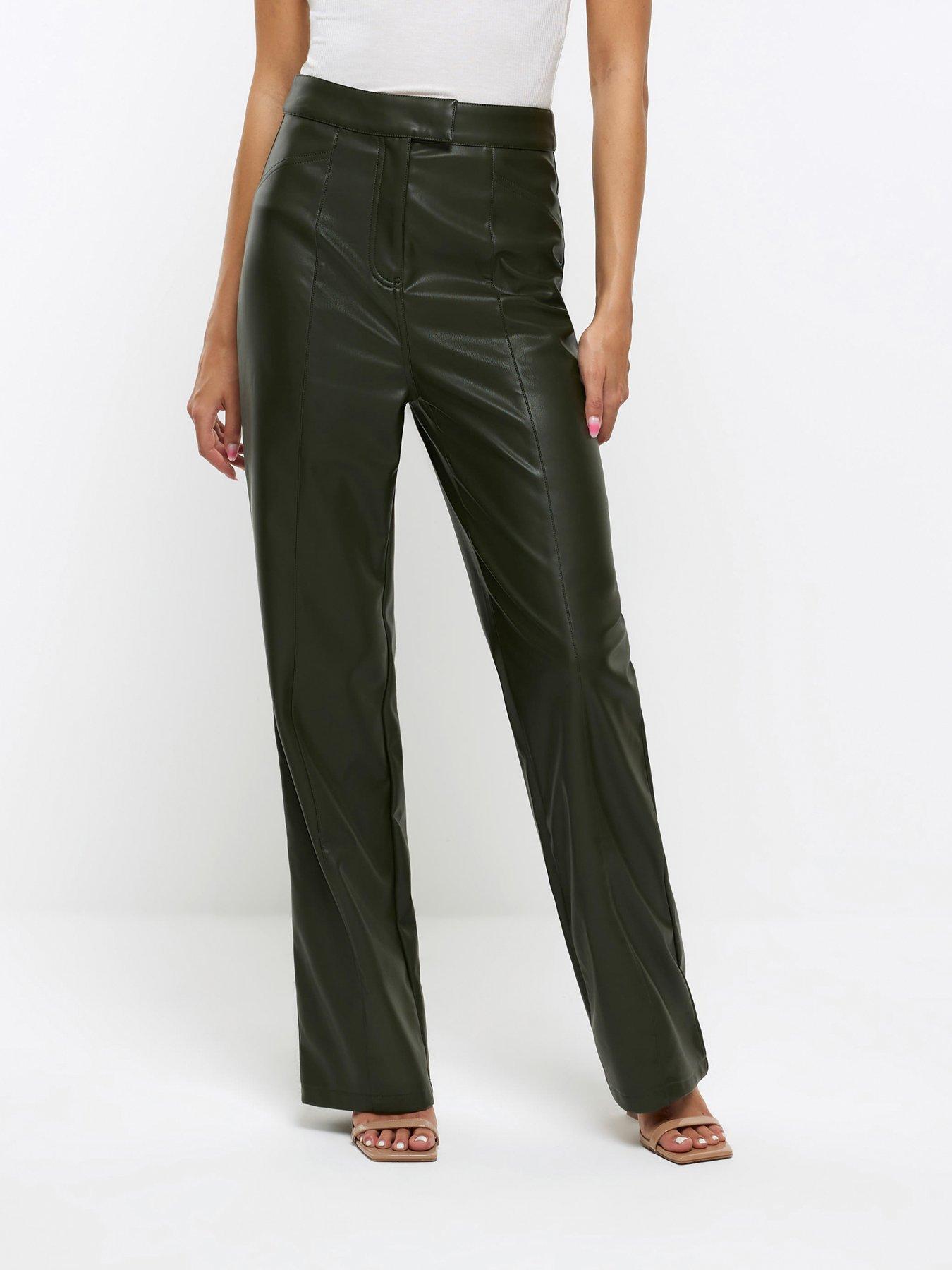 Petite Dark Green Leather-Look High Waist Western Trousers