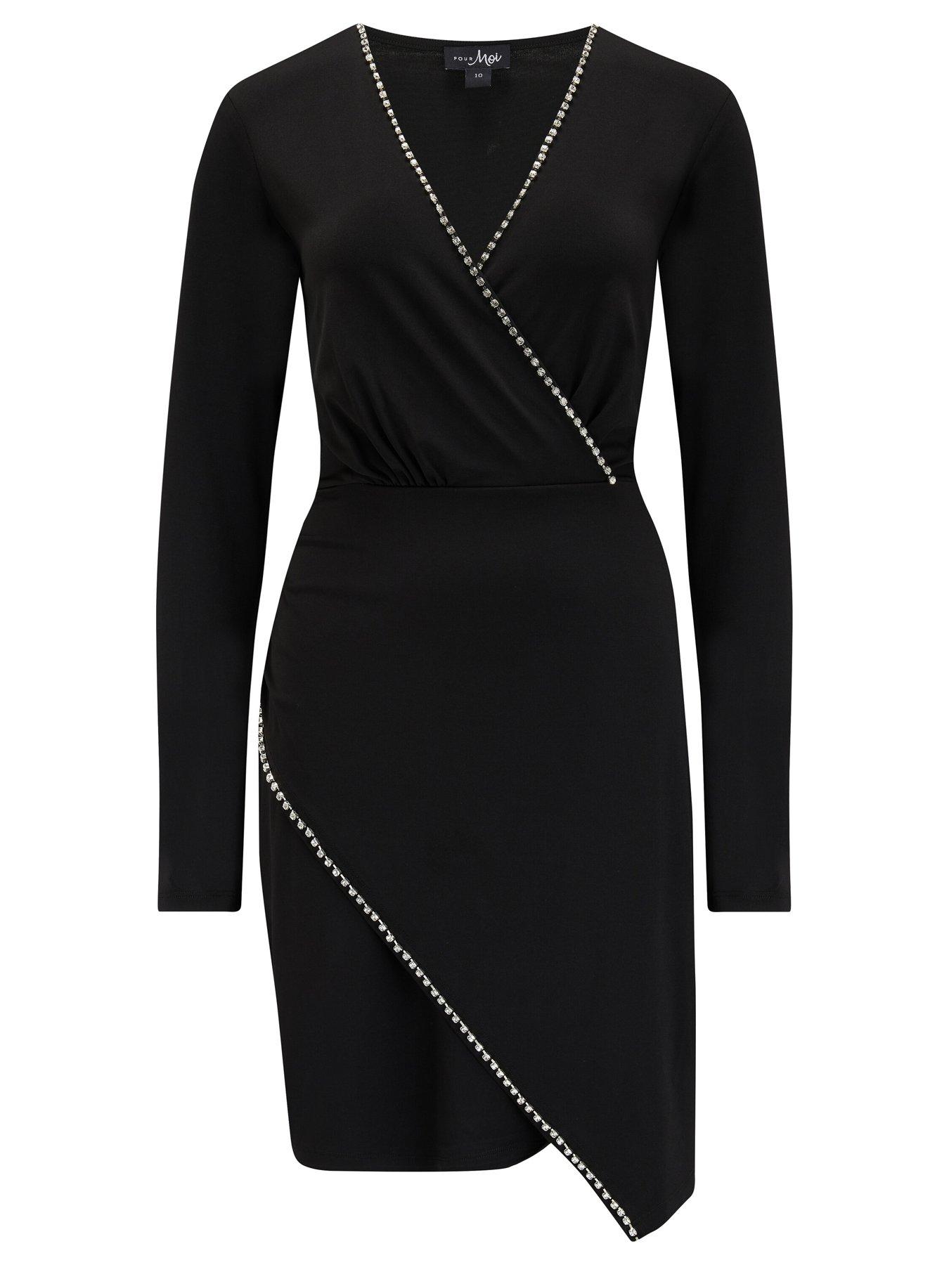  image of pour-moi-nicole-slinky-jersey-diamante-trim-wrap-dress-black