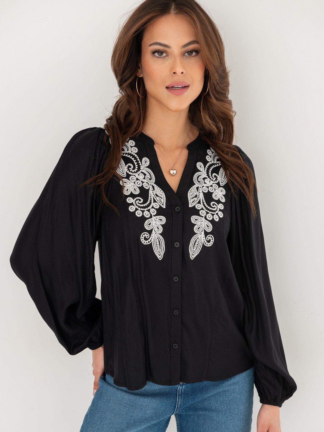 pour-moi-stacie-embroidered-woven-long-sleeve-blouse-blackwhite