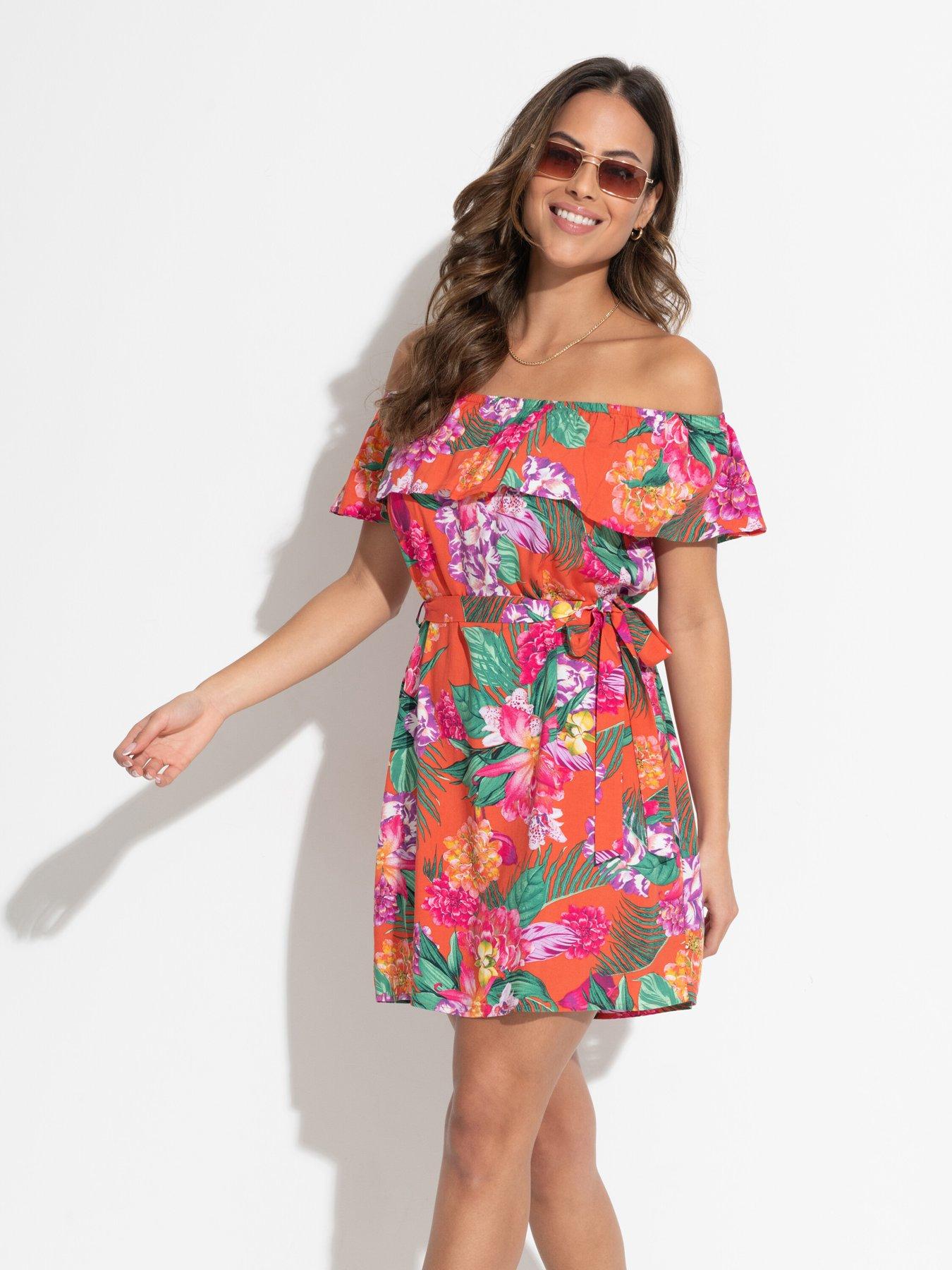 undefined Frill Belted Bardot Dress with LENZING™ ECOVERO™ Viscose fibres - Orange