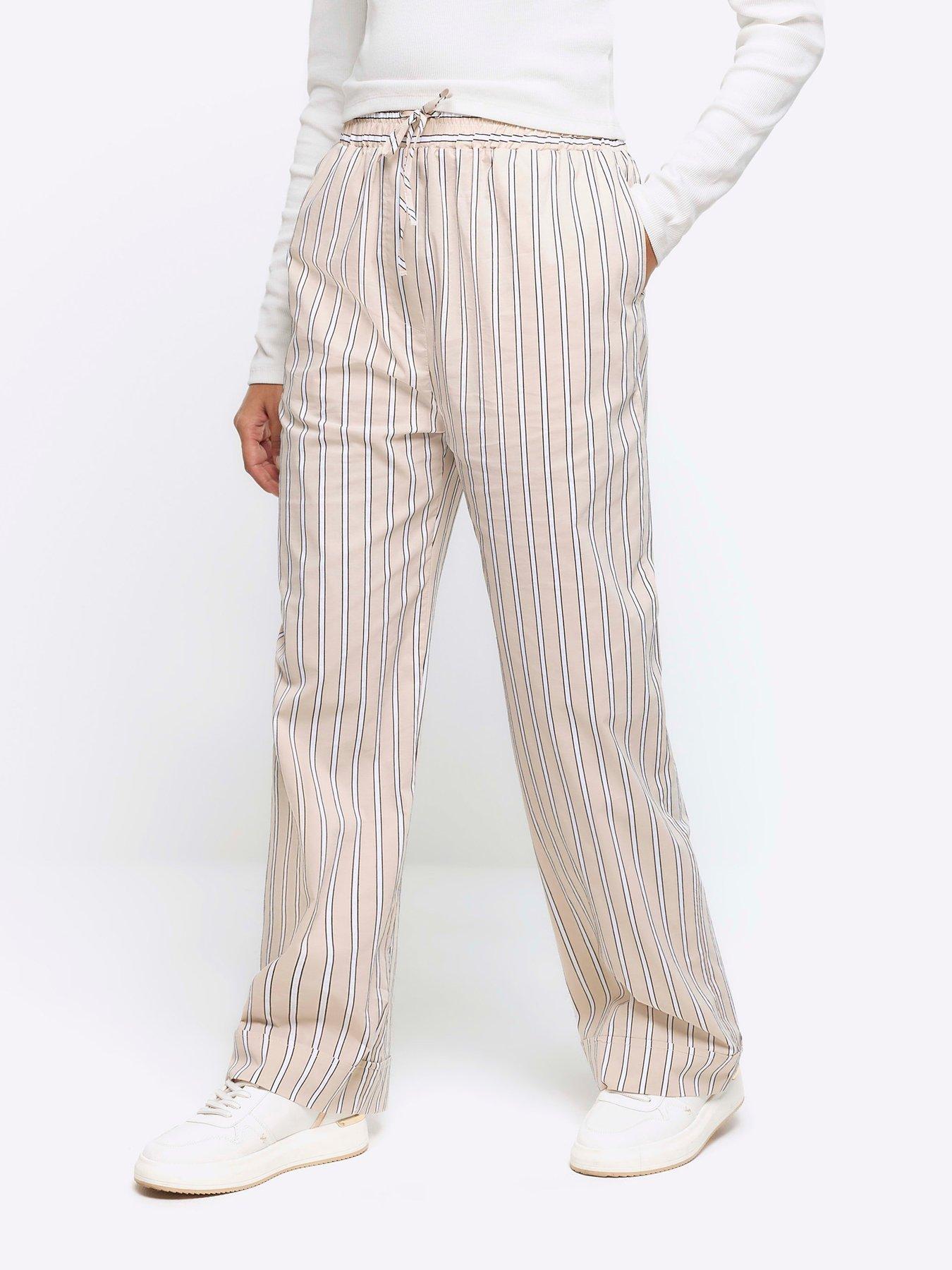 Stripe Straight Pull On Trousers Beige