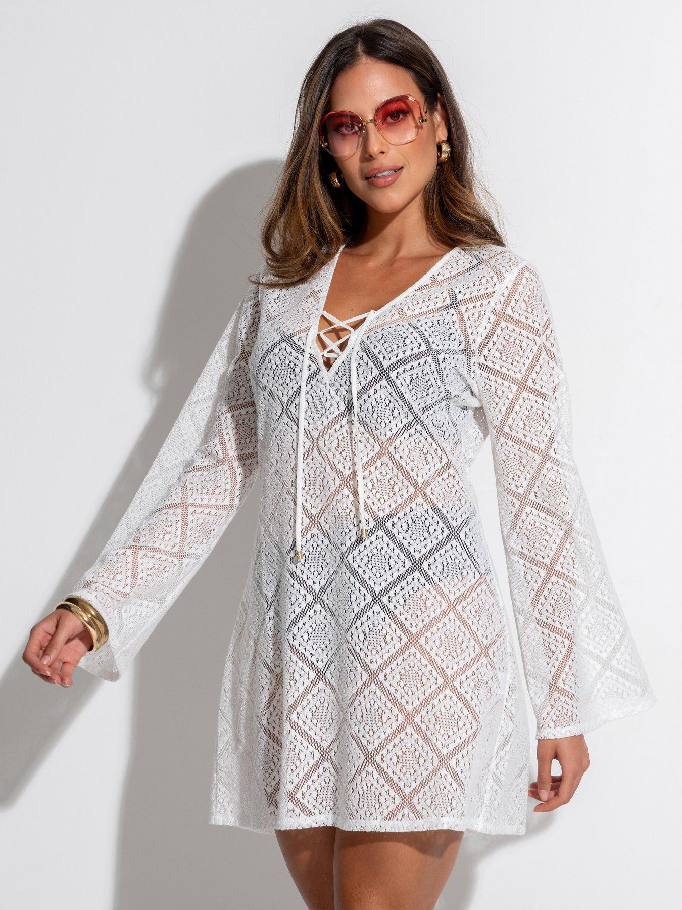 Image 1 of 4 of Pour Moi Crochet Lace Long Sleeve Beach Cover Up